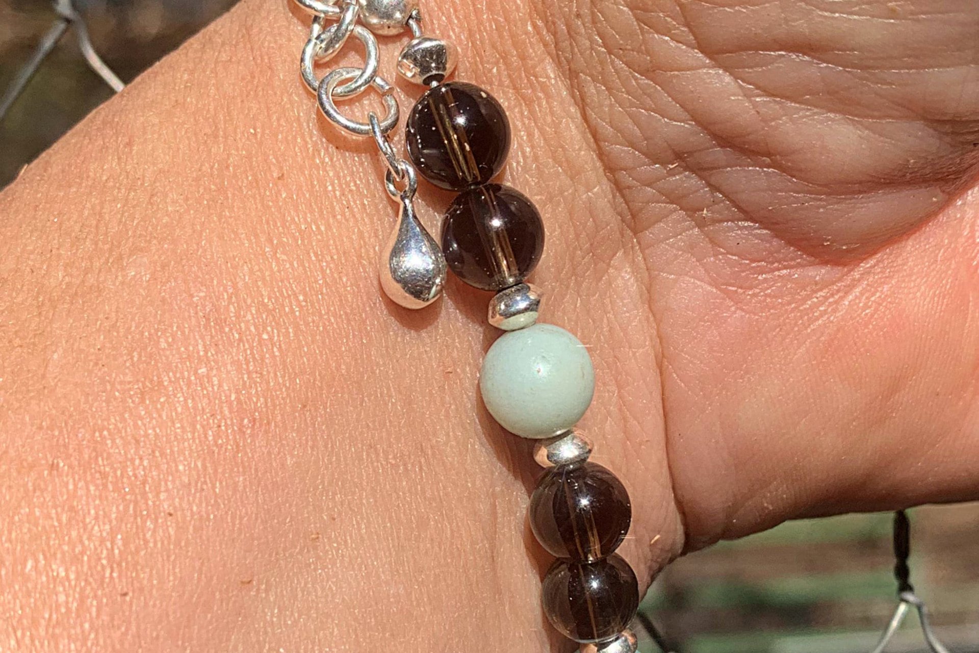 Gemstone and Sterling Silver Bracelet, Amazonite and Smokey Quartz Beaded Bracelet, Adjustable Bracelet