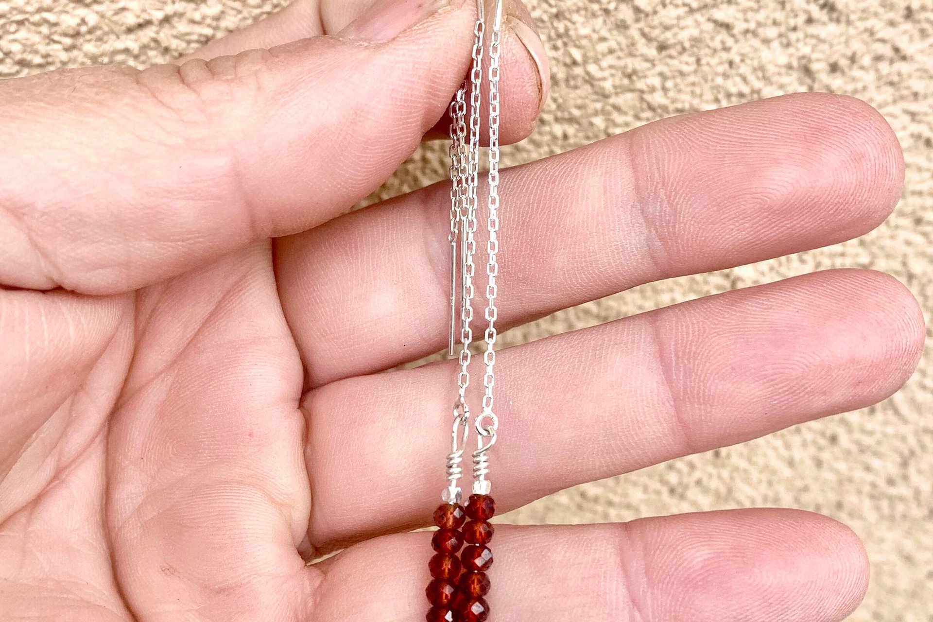 Garnet Earrings, Hill Tribe Fine Silver Earrings,  Garnet Threader Earrings, Valentine Gift, Long Dangle Earrings, Gemstone Earrings