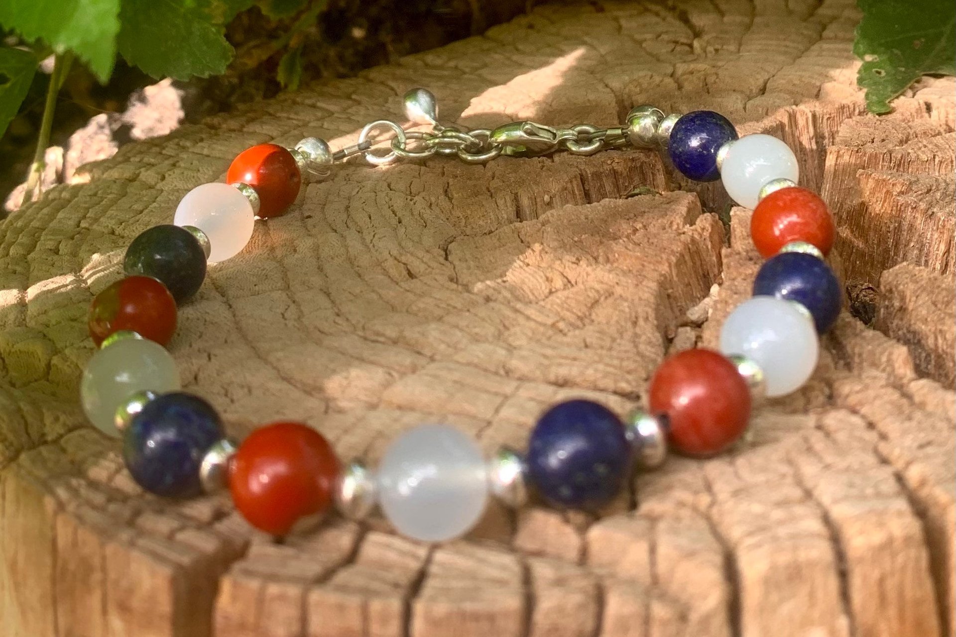 4th of July Bracelet, Patriotic Red White Blue Bracelet, Gemstone and Sterling Silver Bracelet