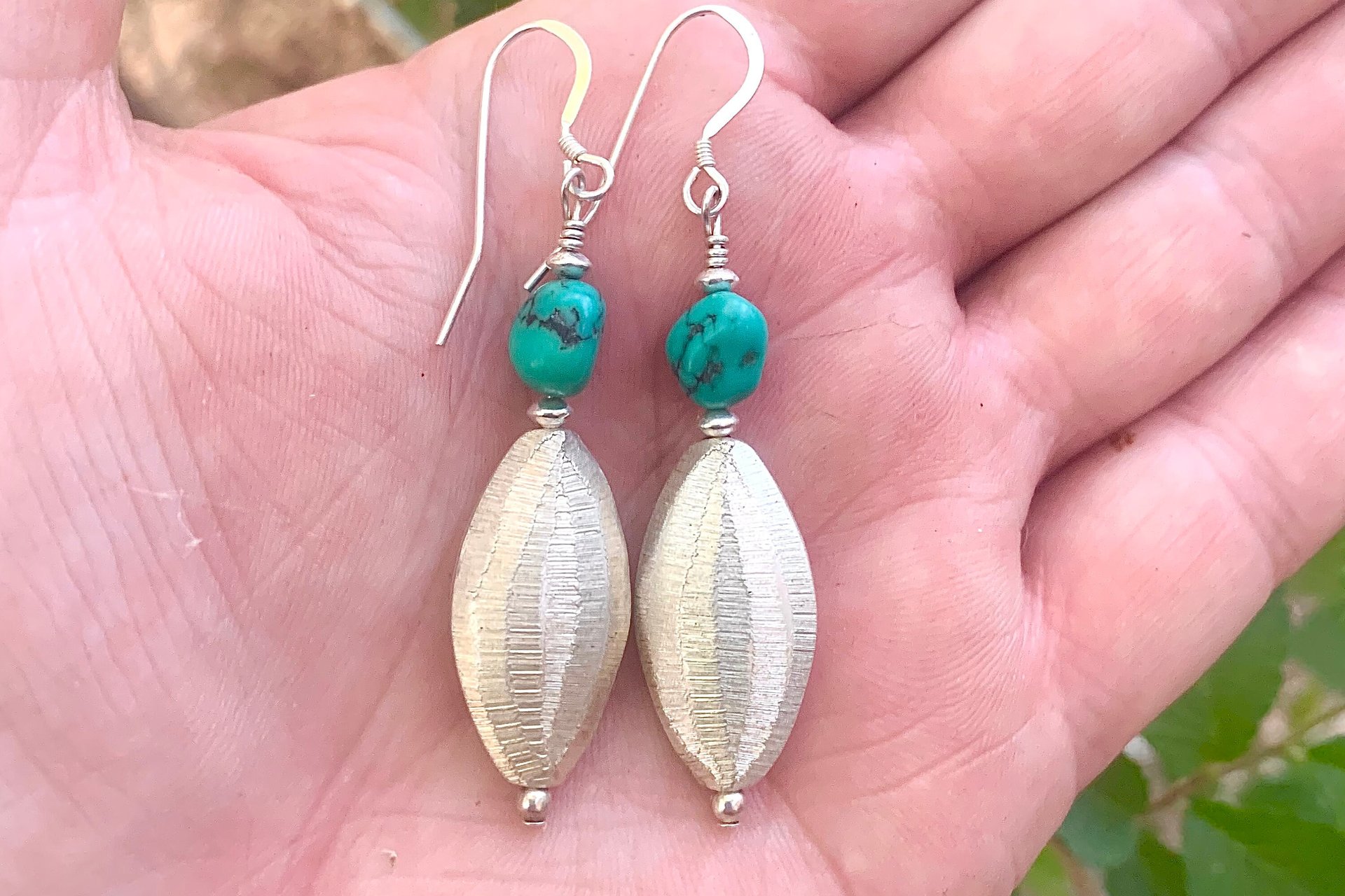 Turquoise Earrings, Hill Tribe Fine Silver Earrings, Turquoise Nugget Earrings, Long Dangle Earrings