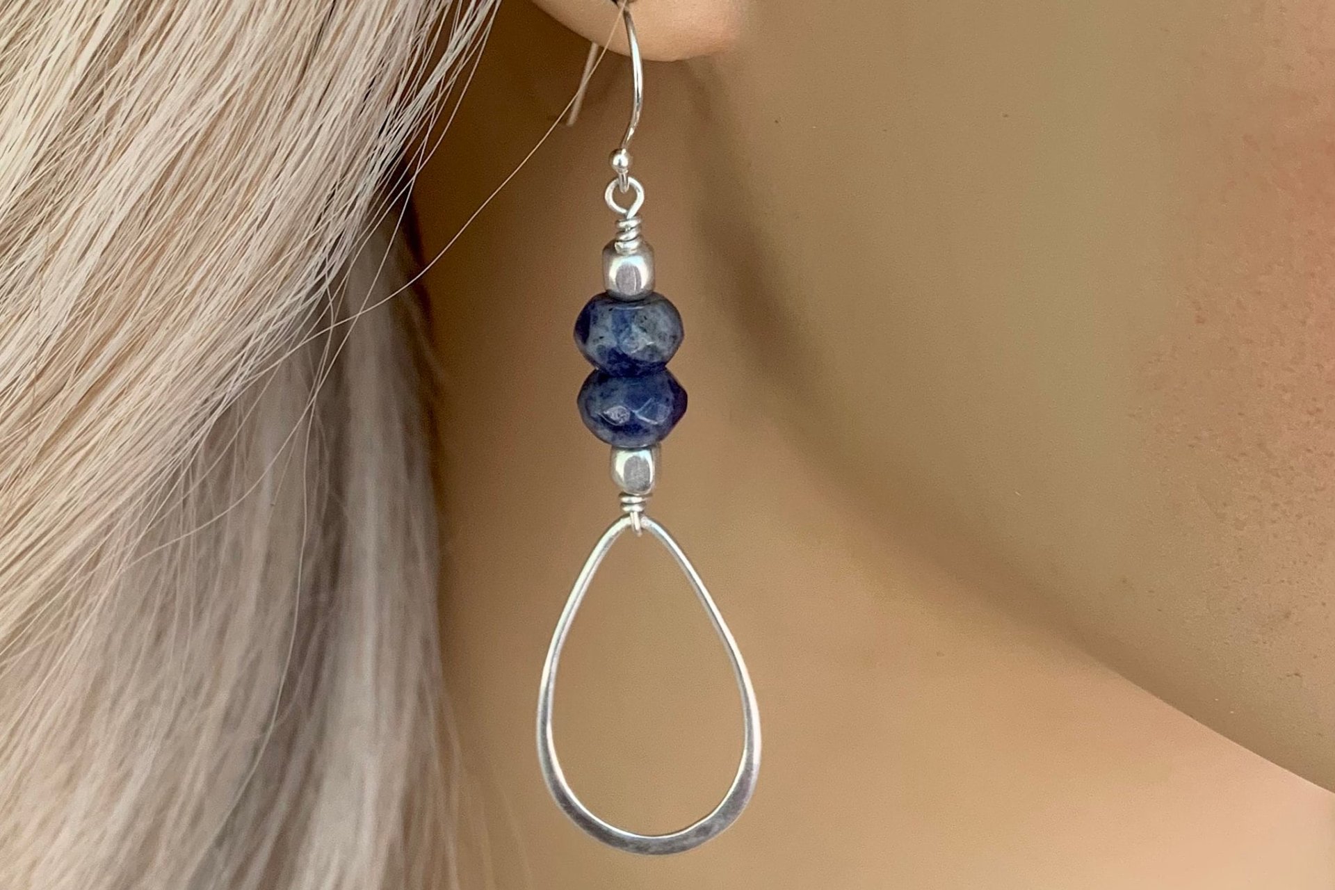 Sodalite Gemstone Earrings, Sterling Silver Teardrop Earrings, Long Dangle Earrings
