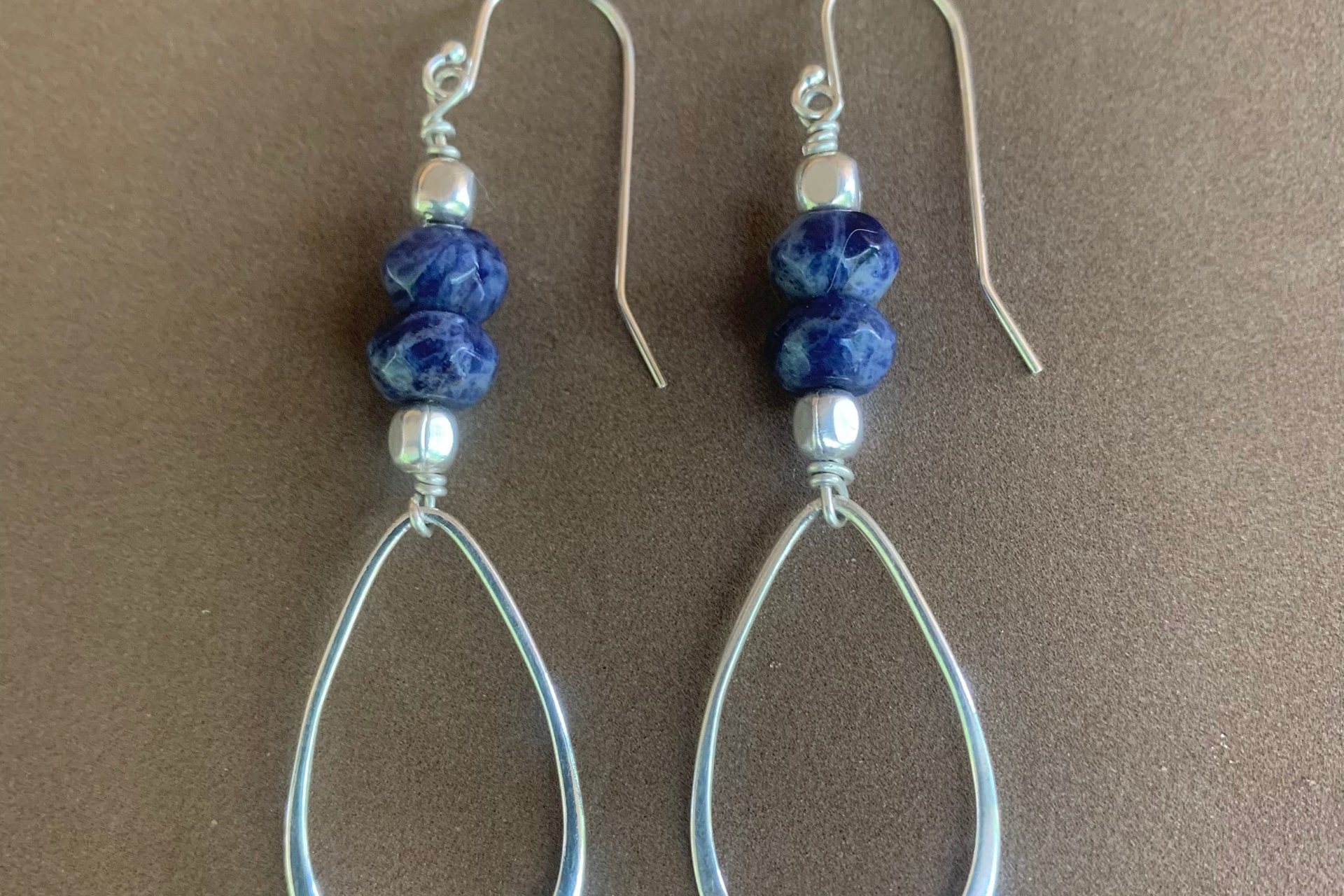Sodalite Gemstone Earrings, Sterling Silver Teardrop Earrings, Long Dangle Earrings