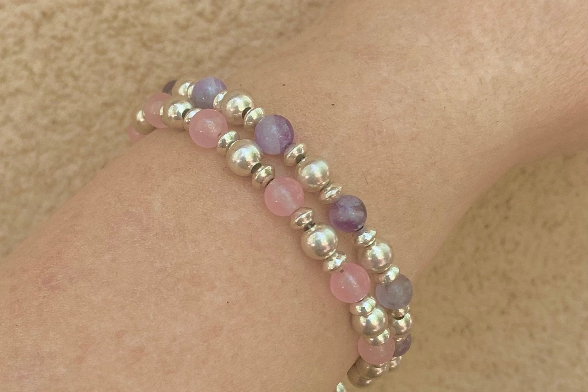 Amethyst and Rose Quartz Bracelet, Sterling Silver Bracelet, Multistrand Gemstone Bracelet