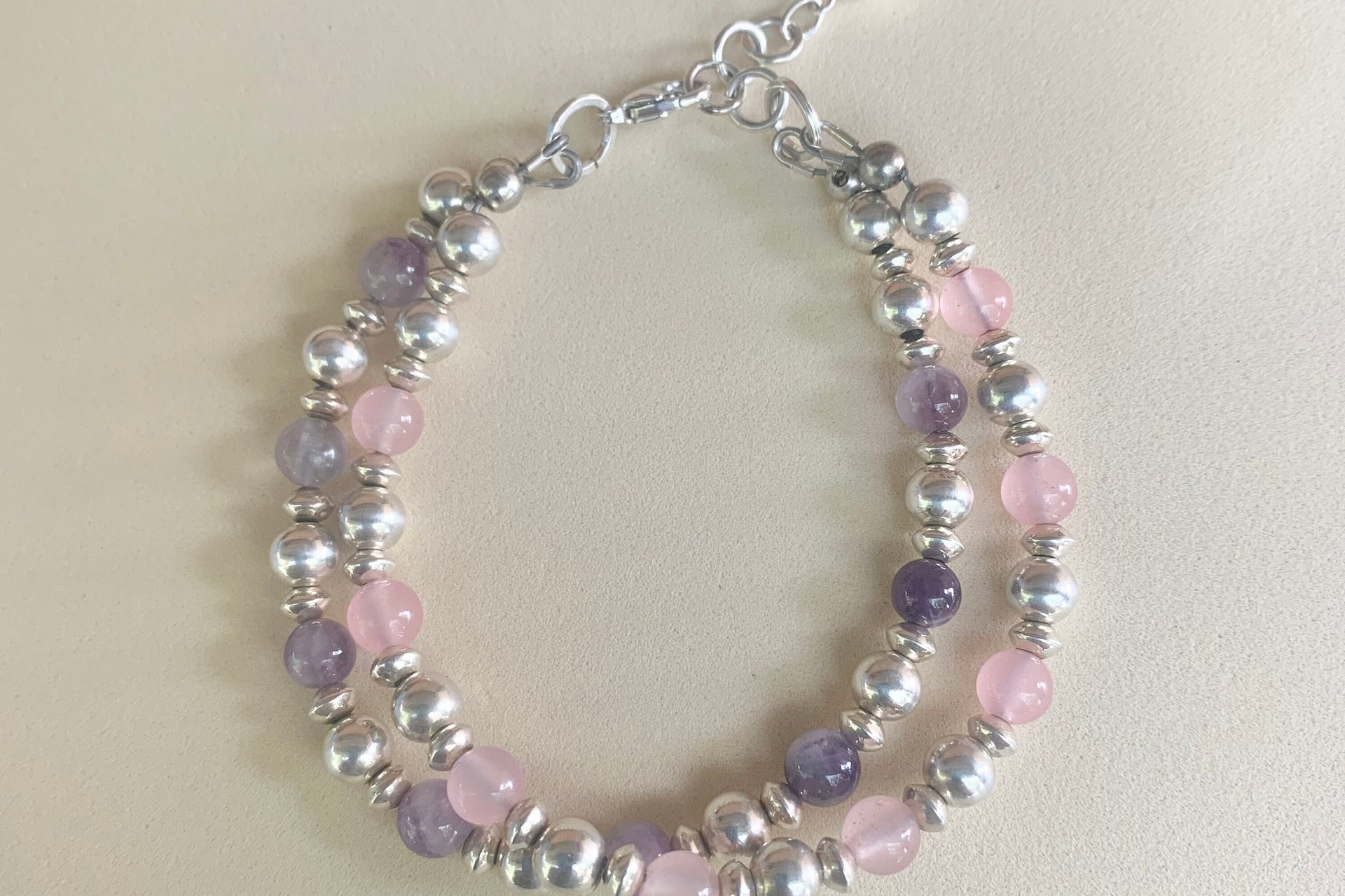 Amethyst and Rose Quartz Bracelet, Sterling Silver Bracelet, Multistrand Gemstone Bracelet