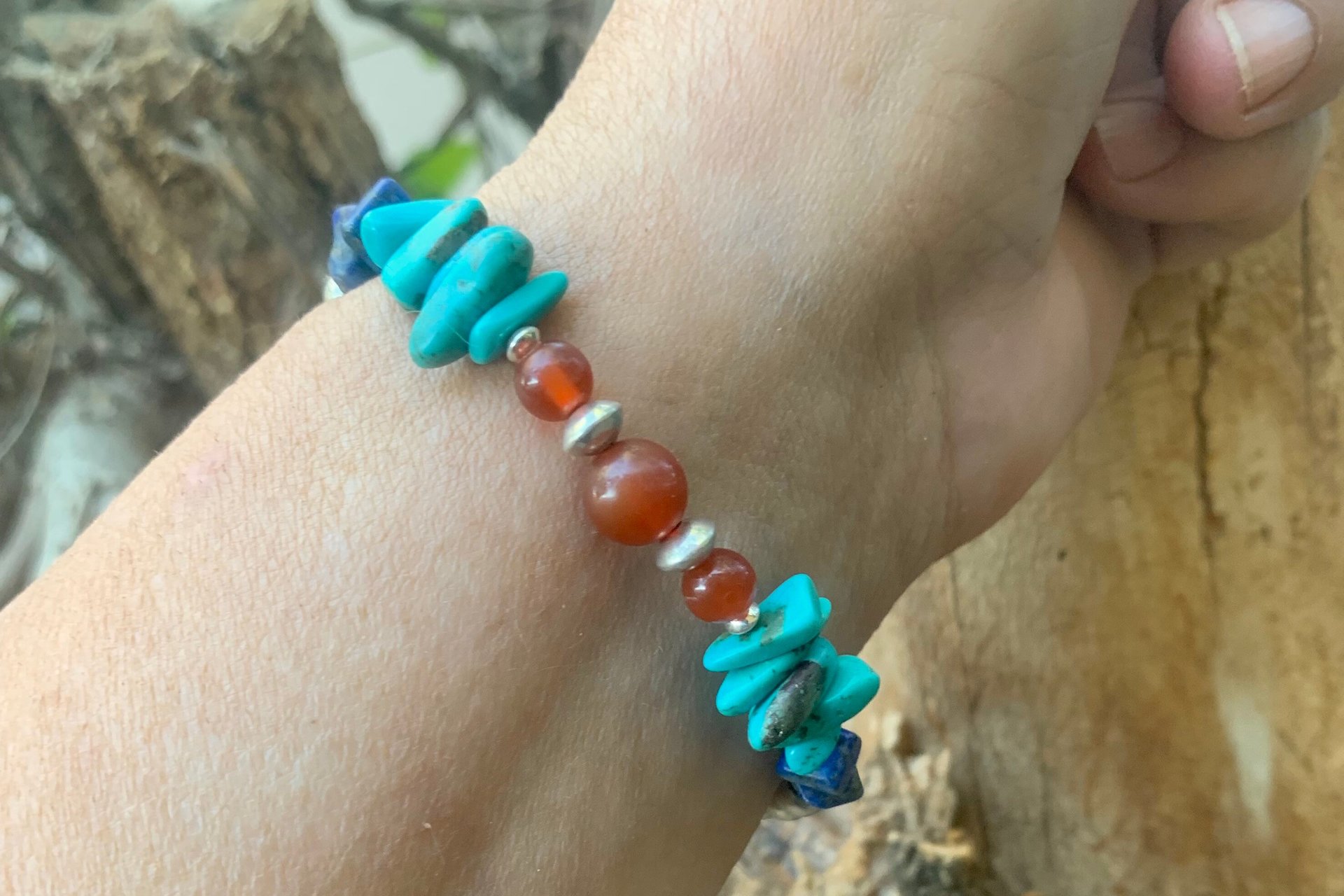Turquoise, Carnelian and Lapis Lazuli Bracelet, Sterling Silver Bracelet, Mixed Gemstone Bracelet