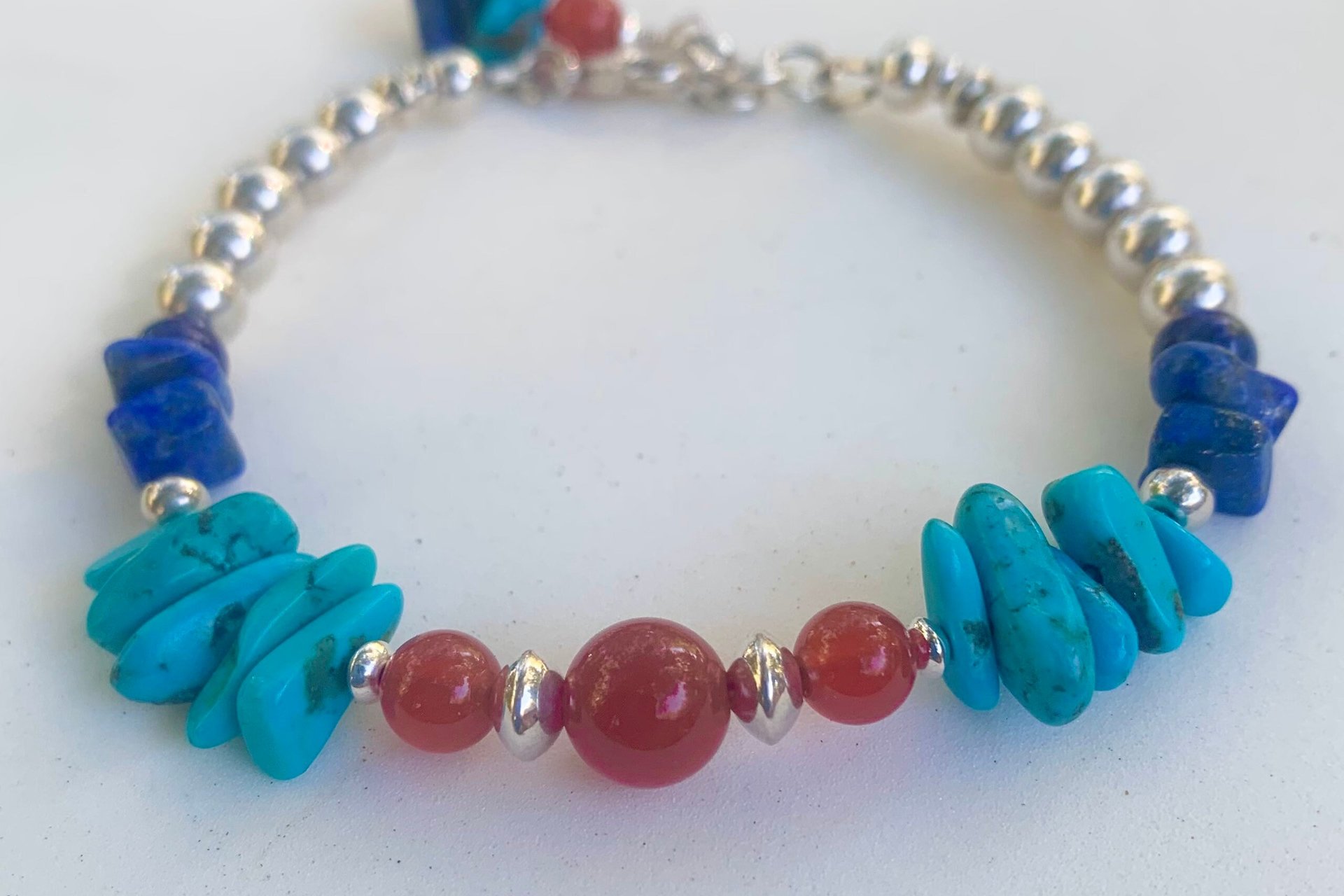 Turquoise, Carnelian and Lapis Lazuli Bracelet, Sterling Silver Bracelet, Mixed Gemstone Bracelet