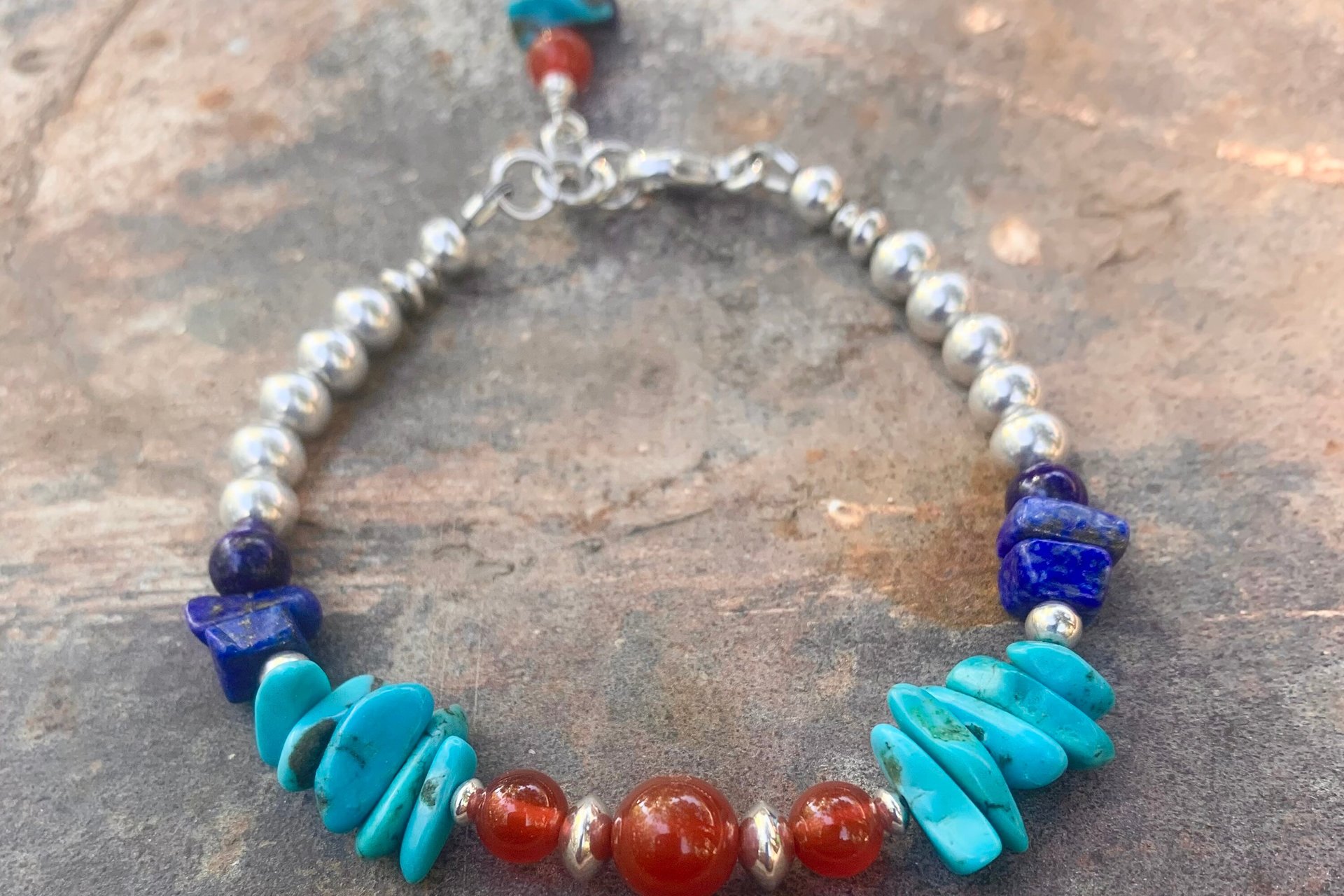 Turquoise, Carnelian and Lapis Lazuli Bracelet, Sterling Silver Bracelet, Mixed Gemstone Bracelet