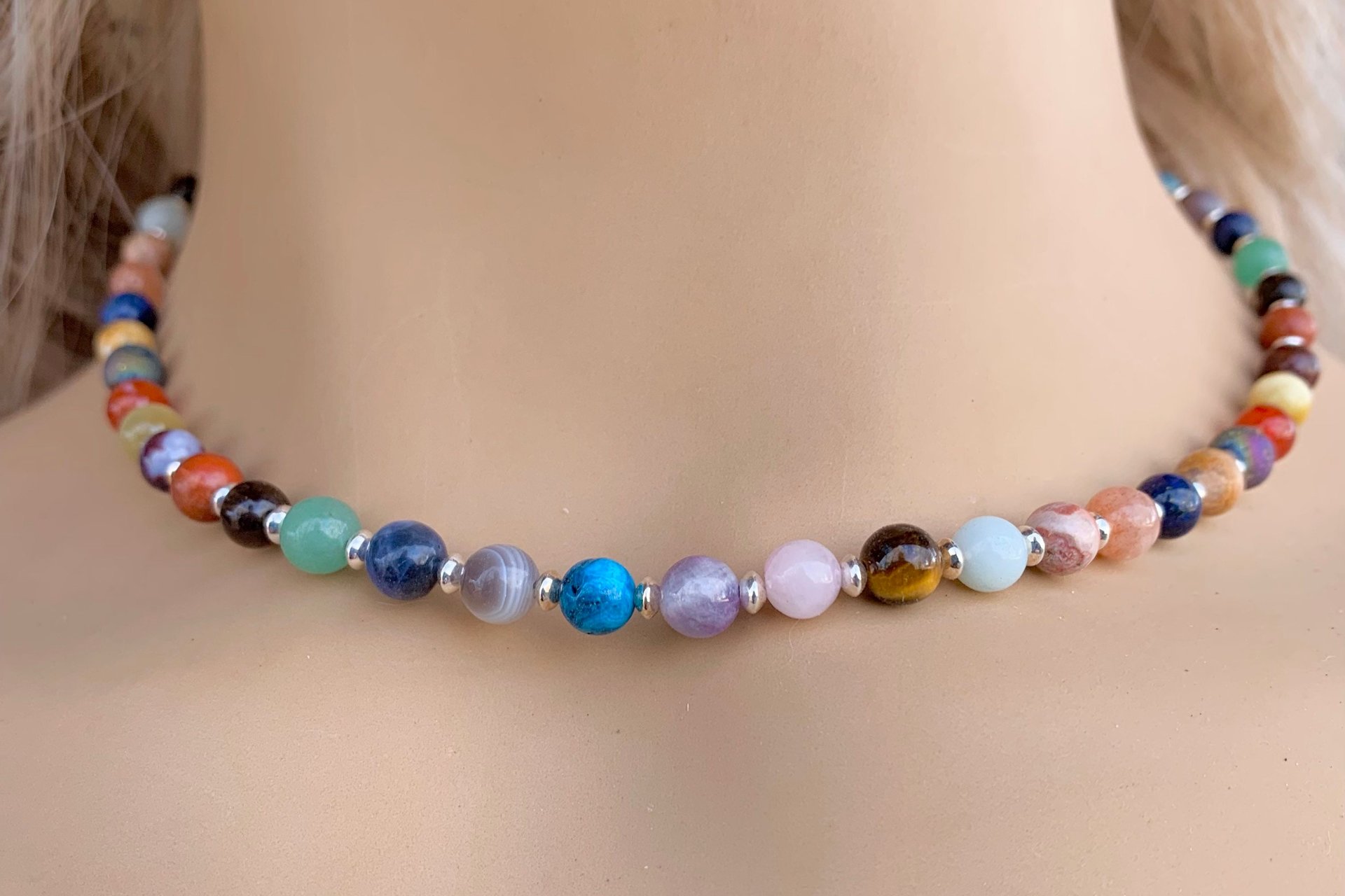 Multicolored Gemstone Necklace with Sterling Silver Beads.