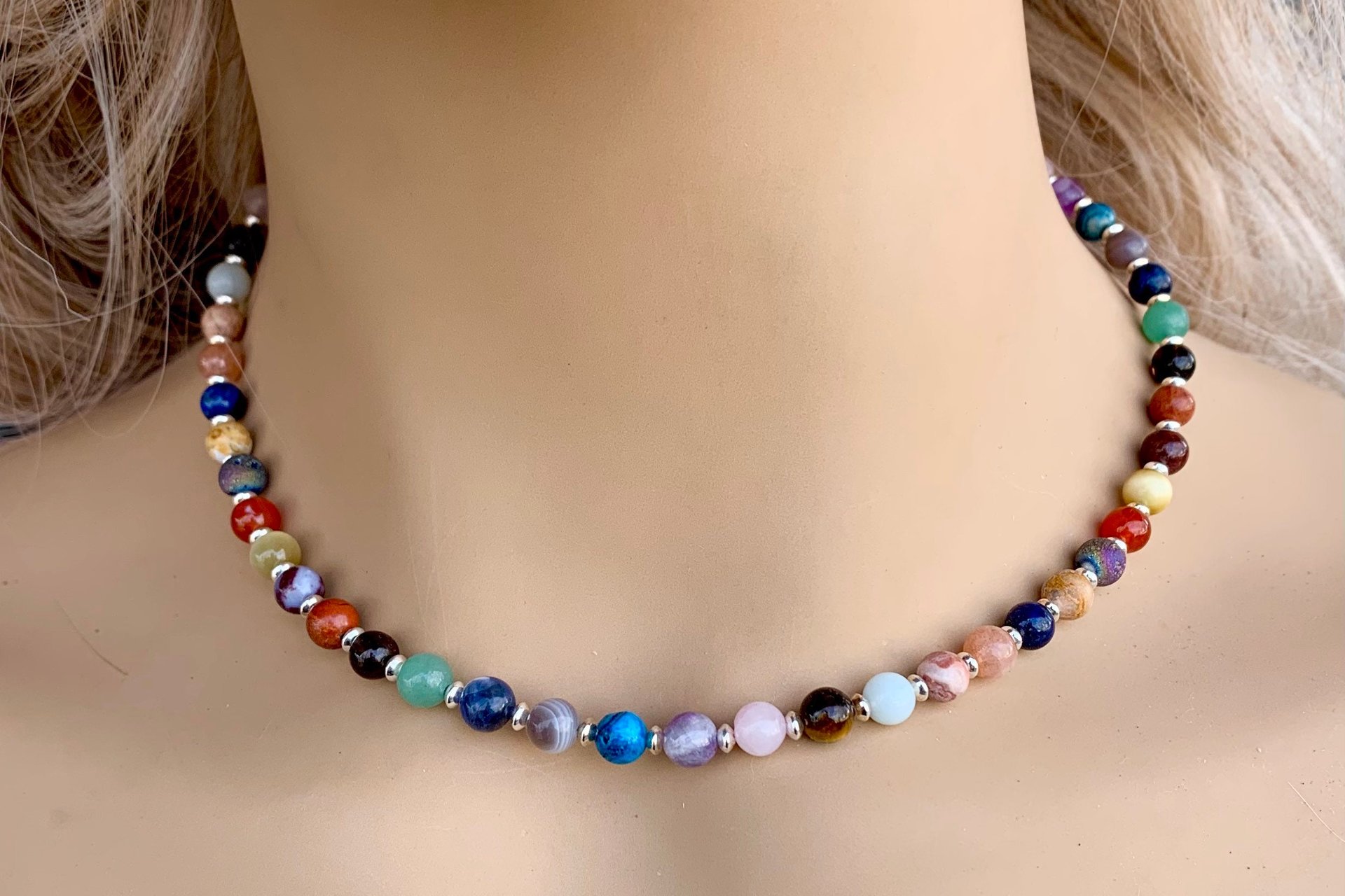 Multicolored Gemstone Necklace with Sterling Silver Beads.