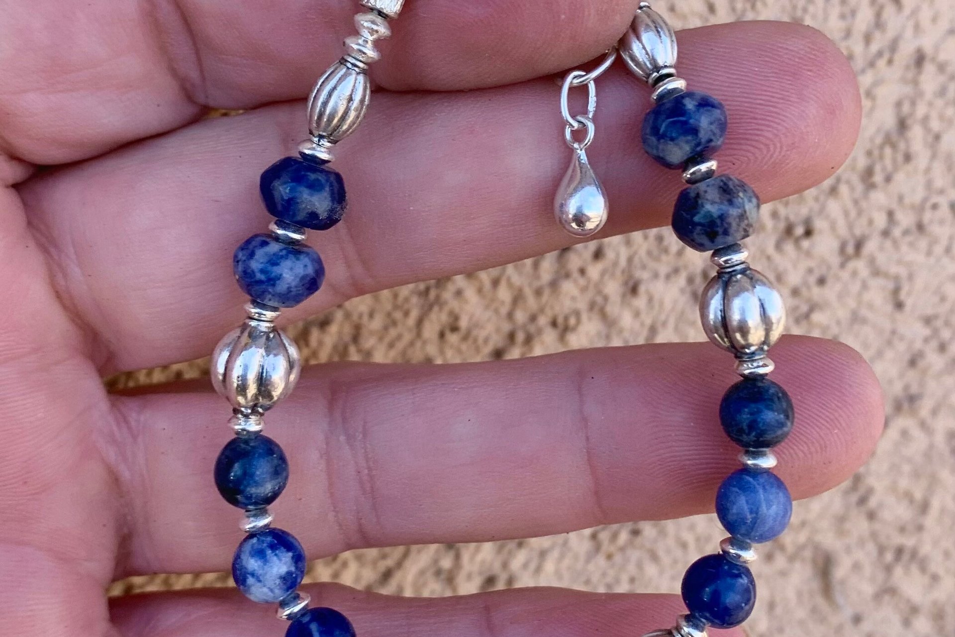 Sodalite Gemstone Bracelet, Bali Sterling Silver Bracelet, Boho Style Jewelry, Women’s Bracelet
