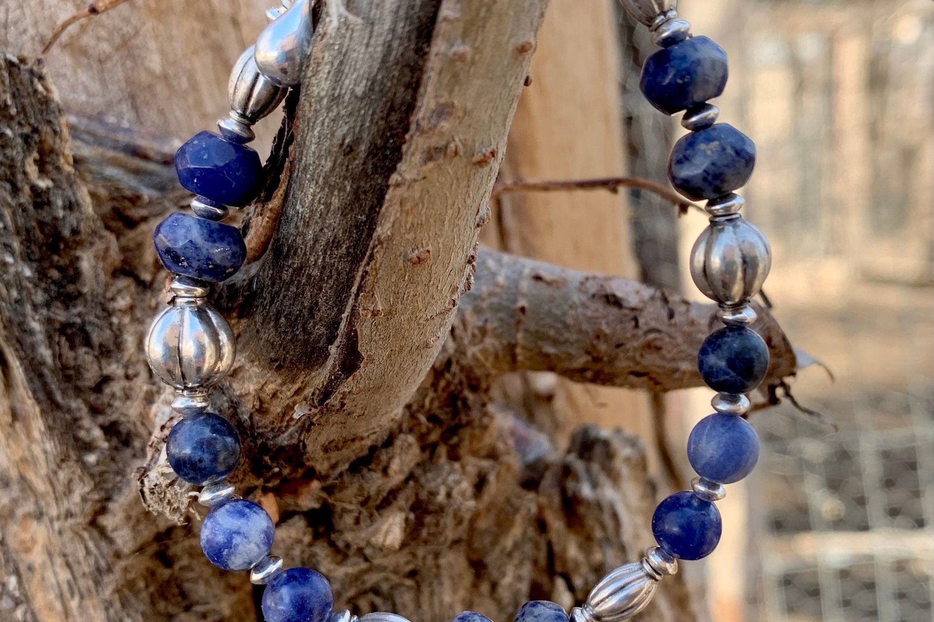 Sodalite Gemstone Bracelet, Bali Sterling Silver Bracelet, Boho Style Jewelry, Women’s Bracelet