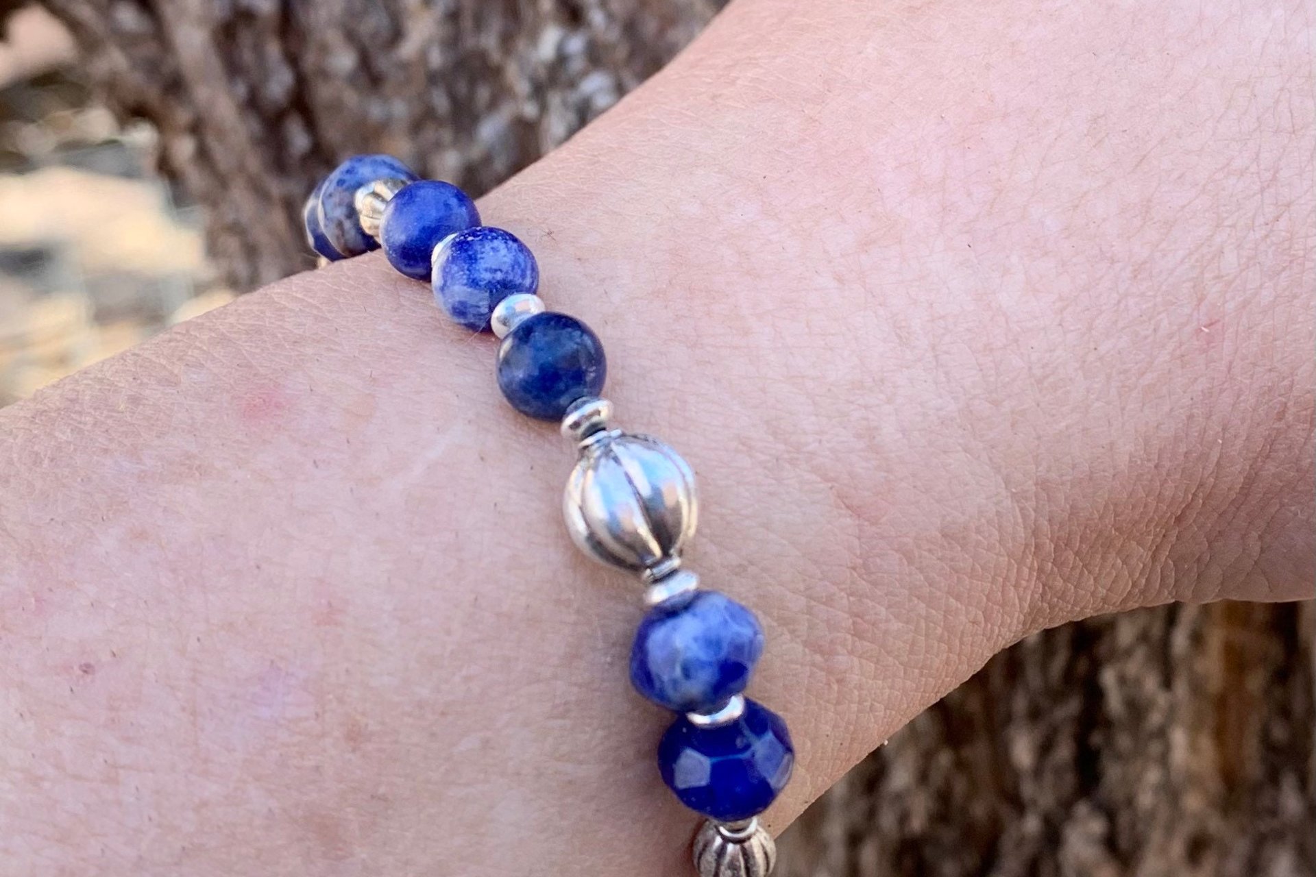 Sodalite Gemstone Bracelet, Bali Sterling Silver Bracelet, Boho Style Jewelry, Women’s Bracelet