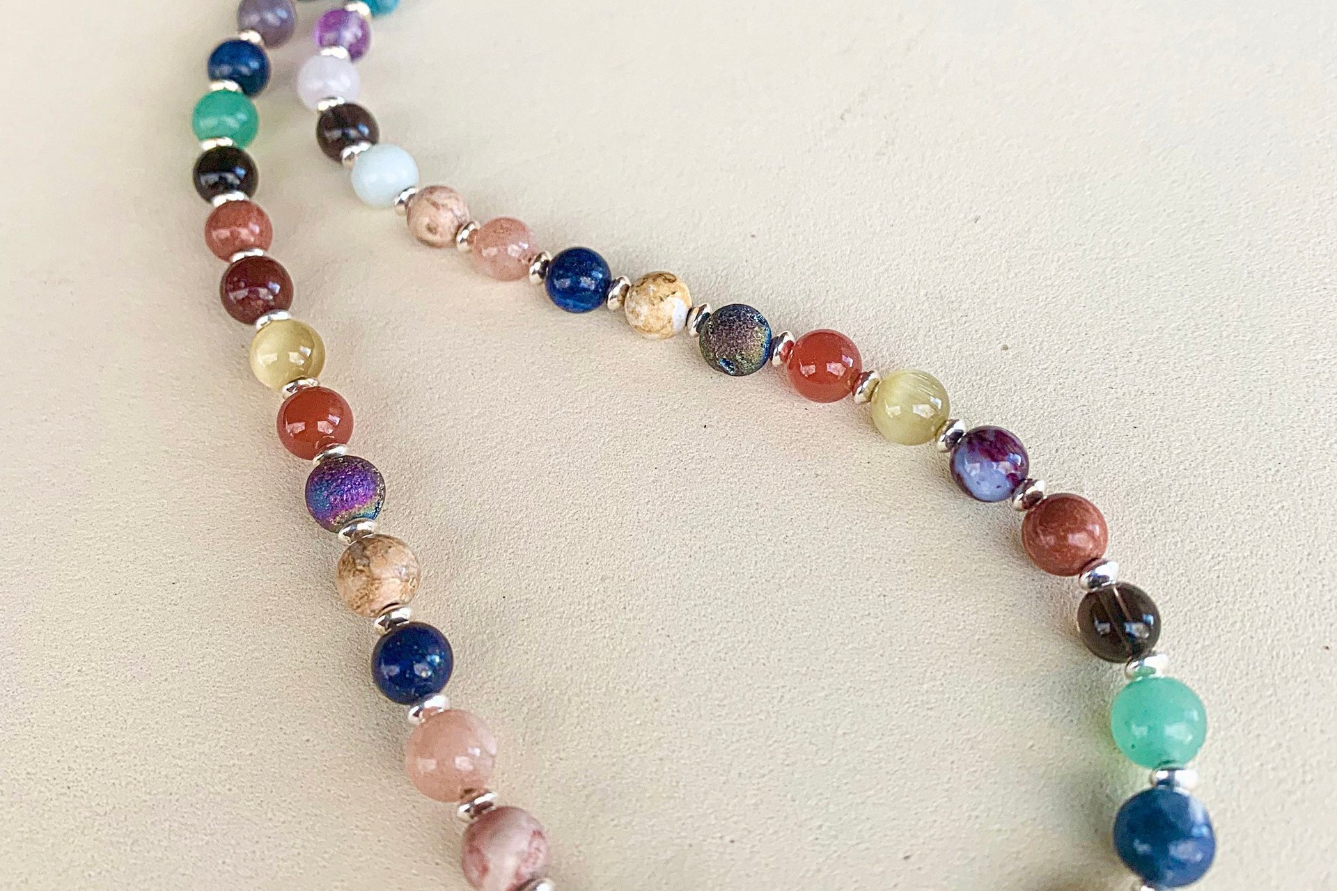 Multicolored Gemstone Necklace with Sterling Silver Beads.