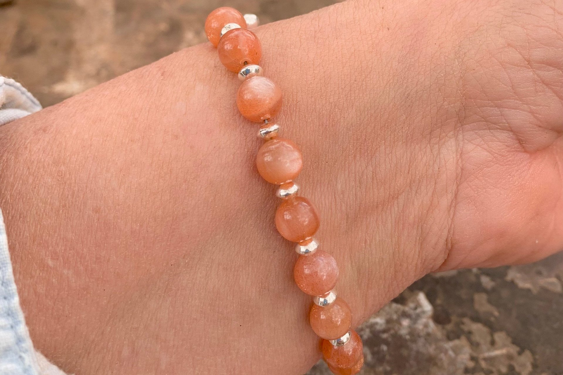 Sunstone Gemstone Beads and Sterling Silver Bracelet.