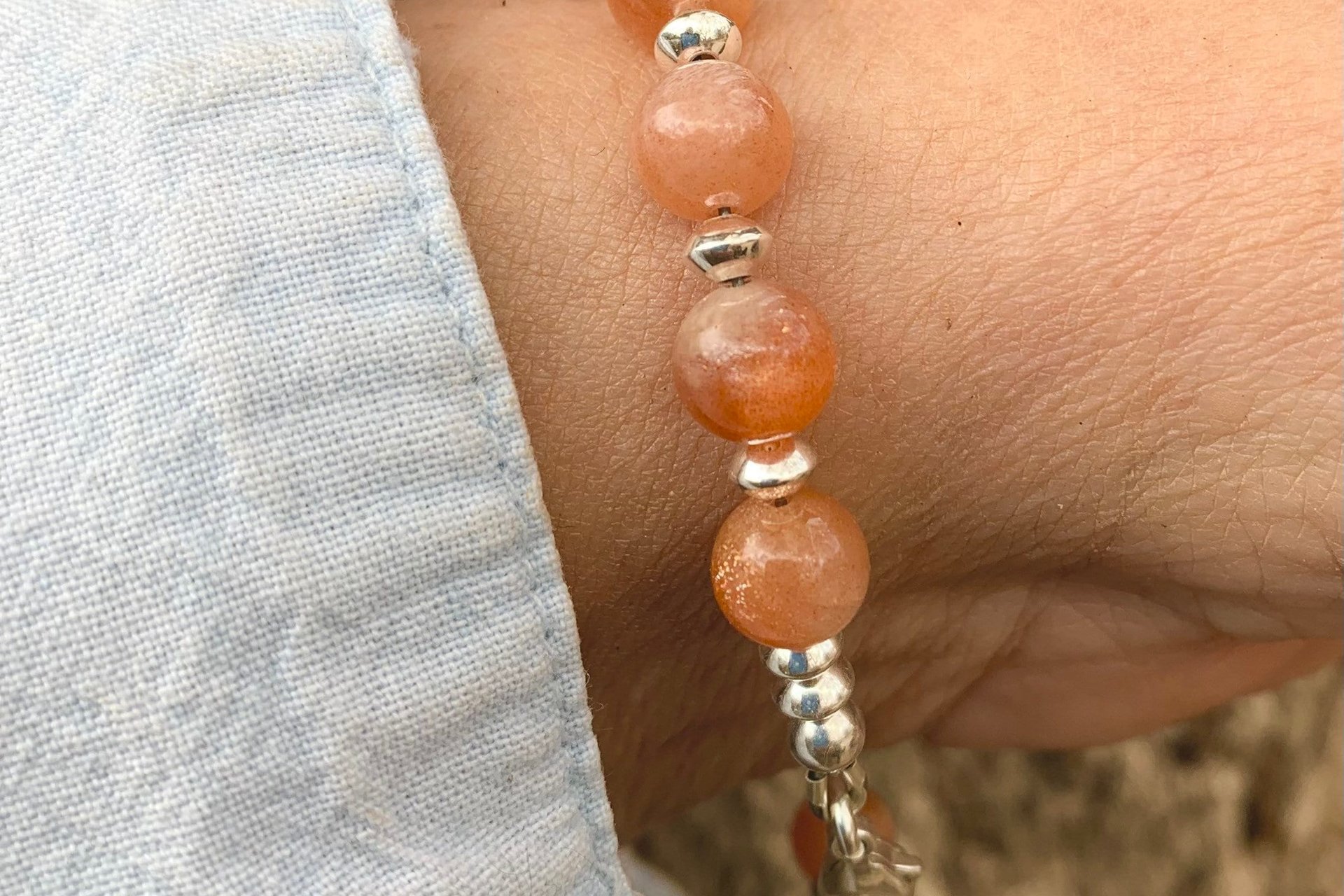 Sunstone Gemstone Beads and Sterling Silver Bracelet.