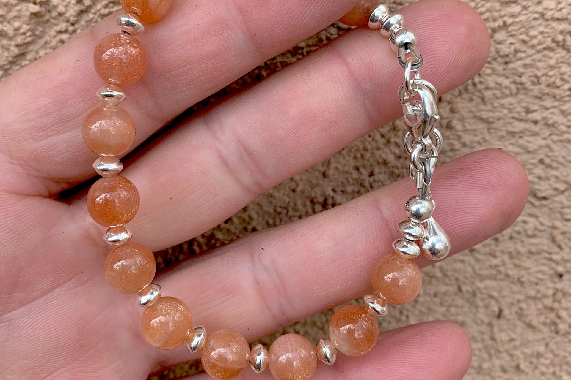 Sunstone Gemstone Beads and Sterling Silver Bracelet.