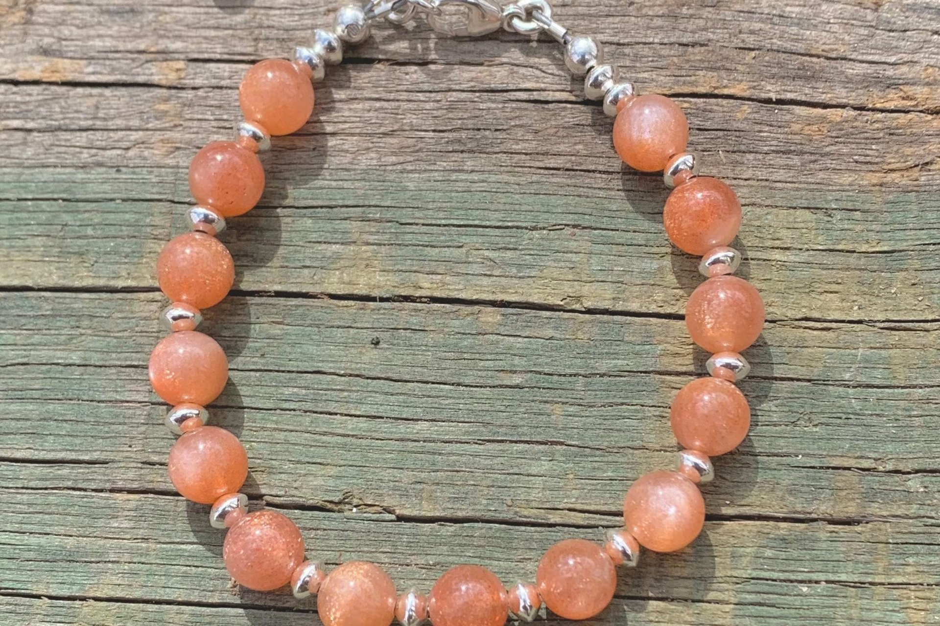 Sunstone Gemstone Beads and Sterling Silver Bracelet.