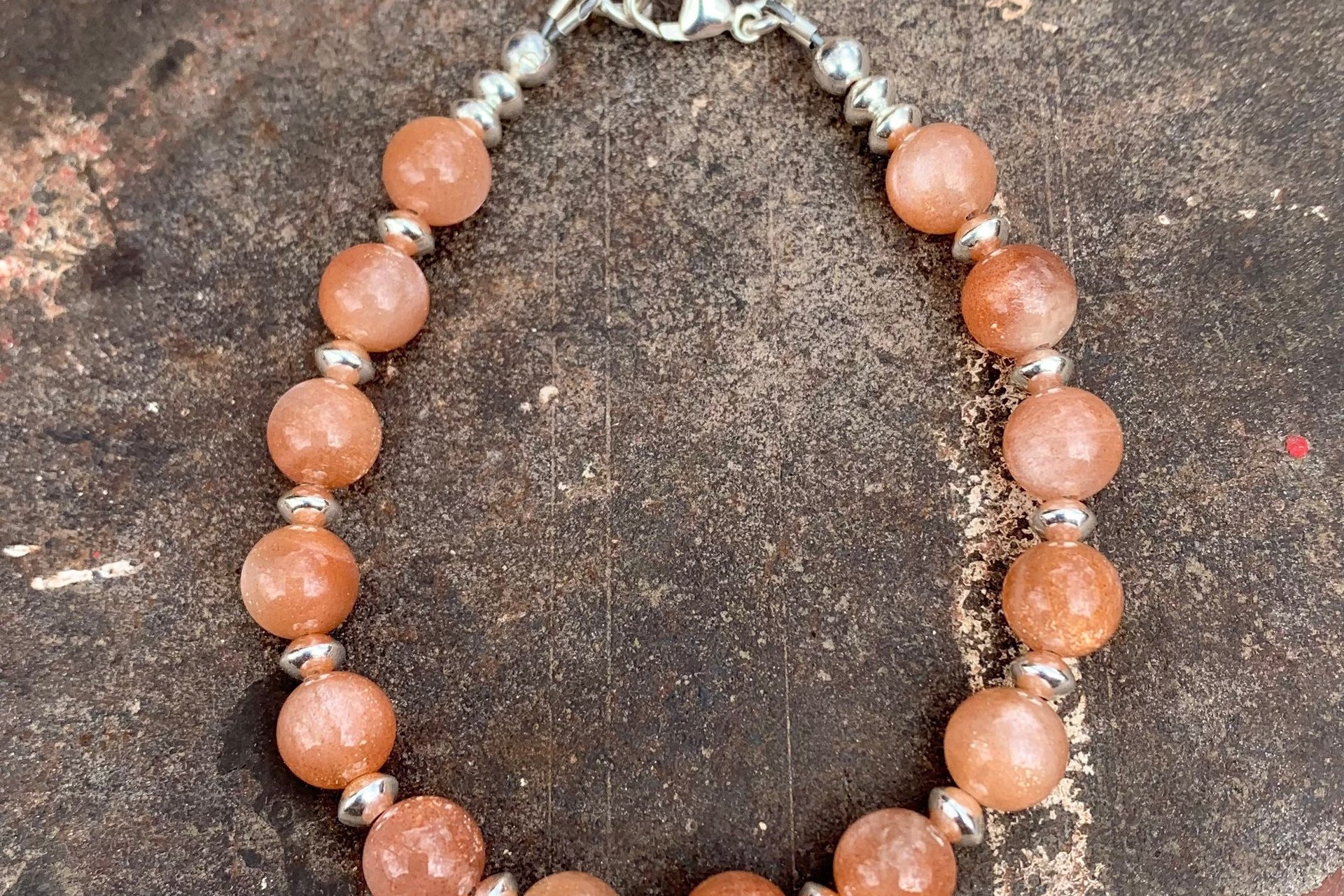 Sunstone Gemstone Beads and Sterling Silver Bracelet.