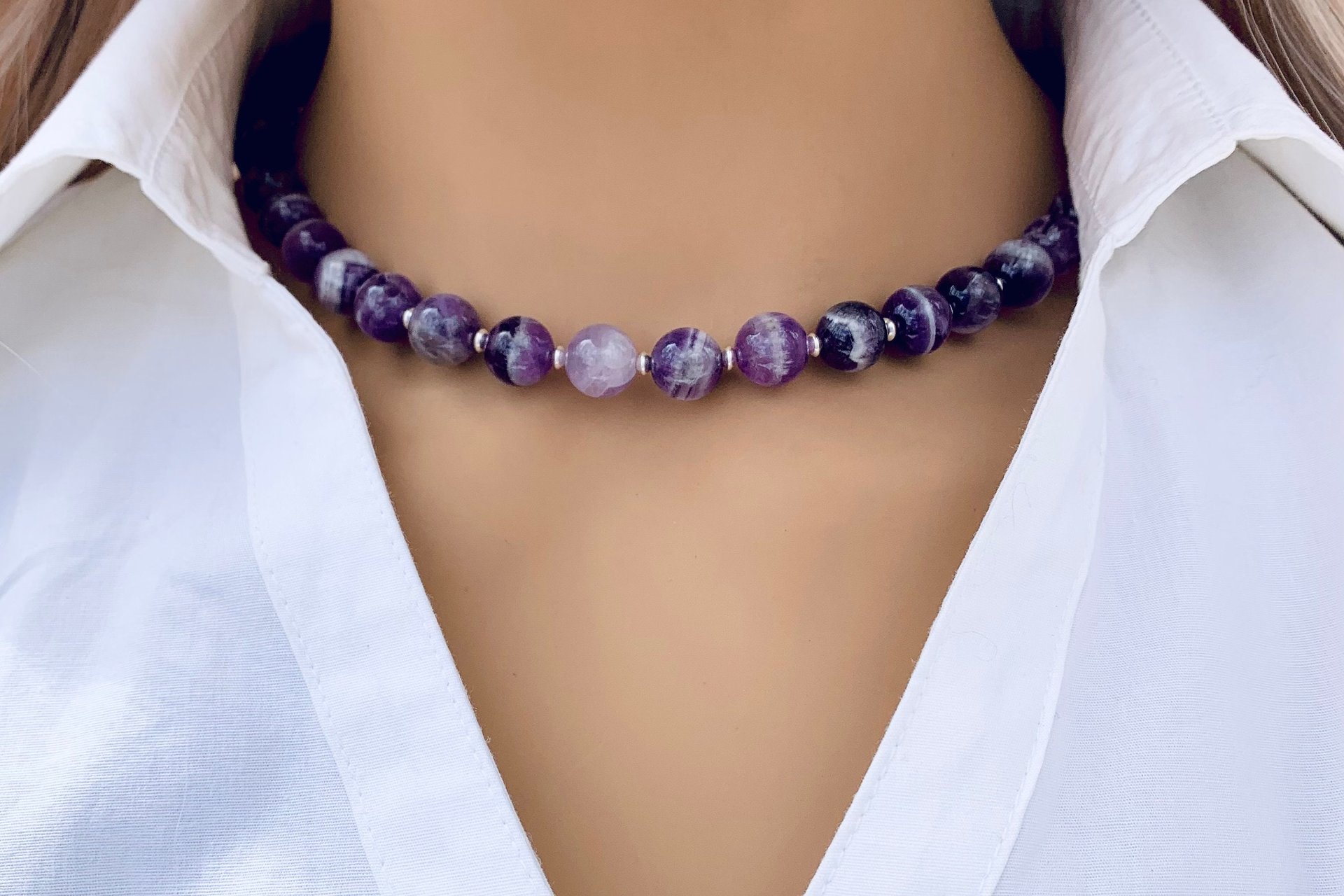 Banded Amethyst Necklace, Sterling Silver Necklace, Botswana Agate, Statement Necklace