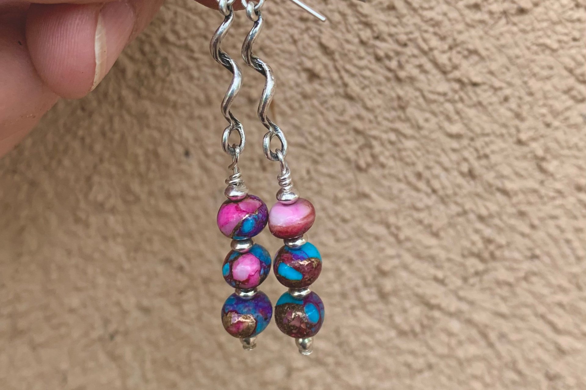 Purple Dahlia Kingman Turquoise, Purple Spiny Oyster Shell, Bronze and Sterling Silver Earrings