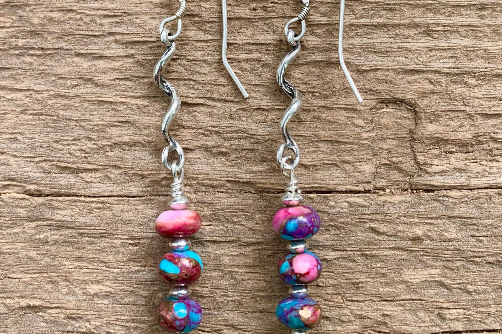 Purple Dahlia Kingman Turquoise, Purple Spiny Oyster Shell, Bronze and Sterling Silver Earrings
