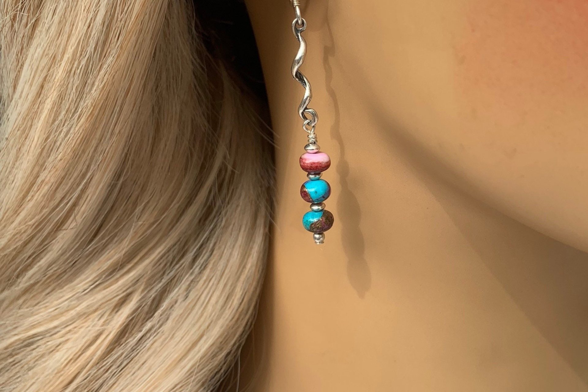 Purple Dahlia Kingman Turquoise, Purple Spiny Oyster Shell, Bronze and Sterling Silver Earrings