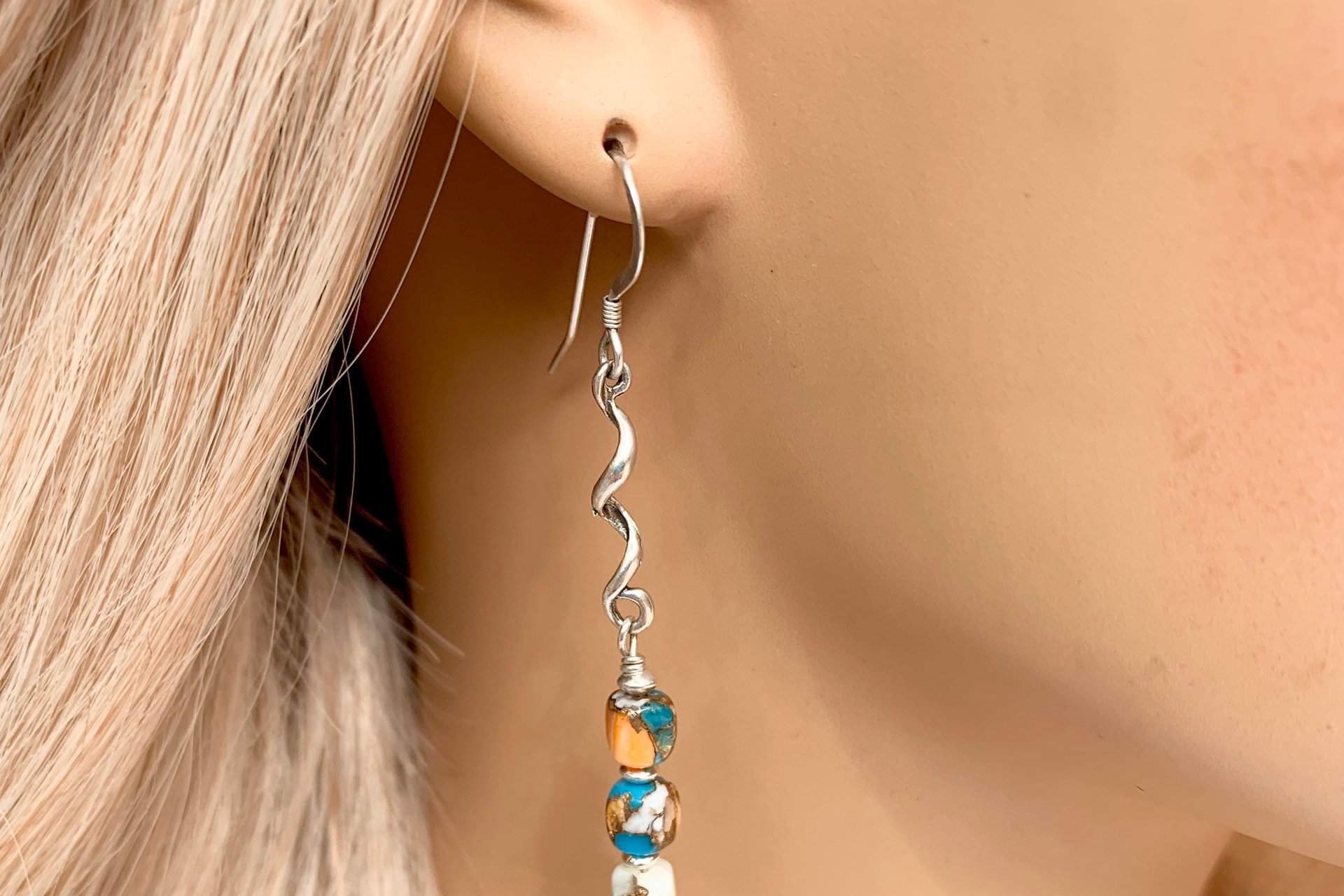 Kingman Turquoise, Spiny Oyster Shell, Bronze and Sterling Silver Southwestern Earrings