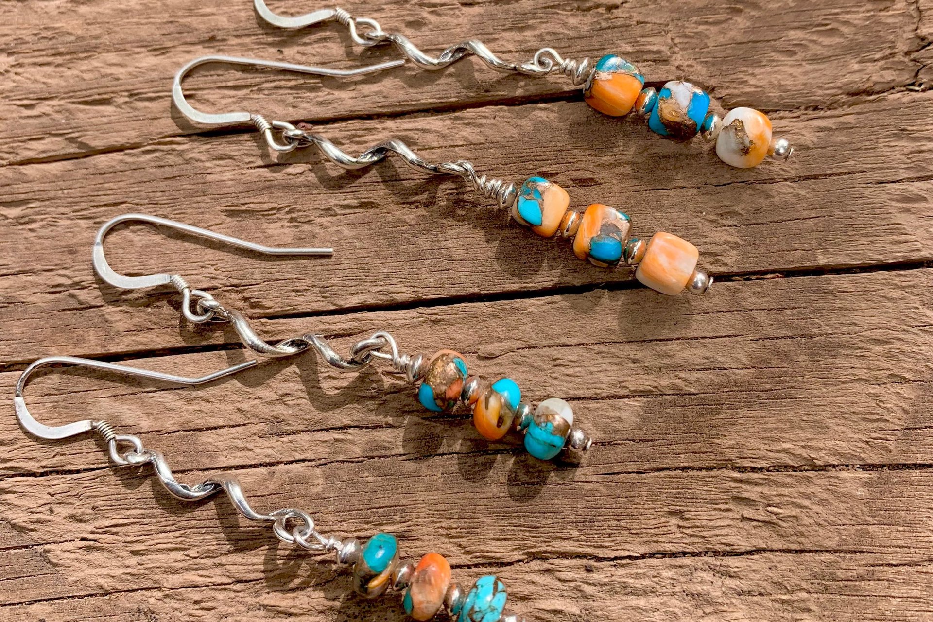 Kingman Turquoise, Spiny Oyster Shell, Bronze and Sterling Silver Southwestern Earrings