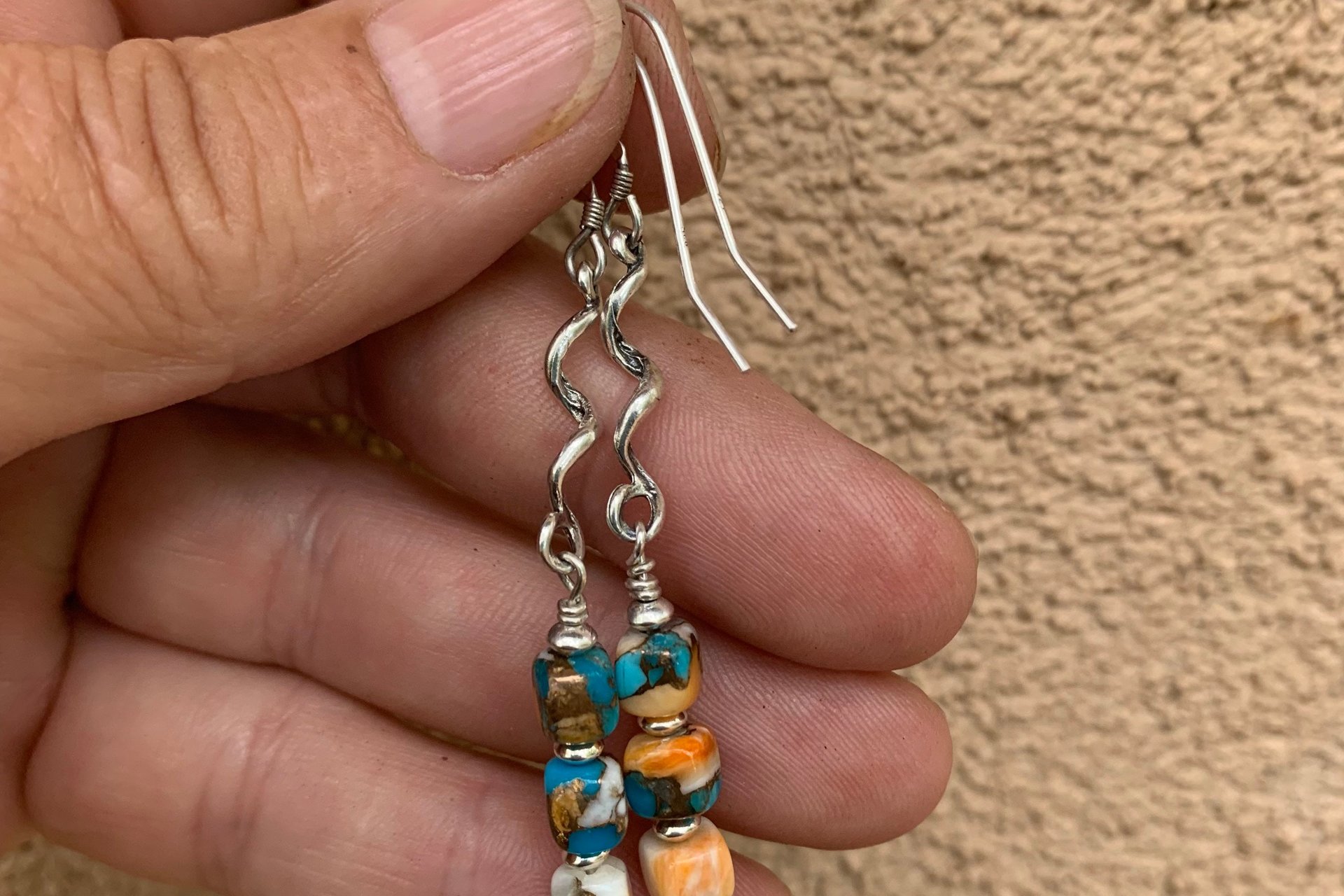 Kingman Turquoise, Spiny Oyster Shell, Bronze and Sterling Silver Southwestern Earrings