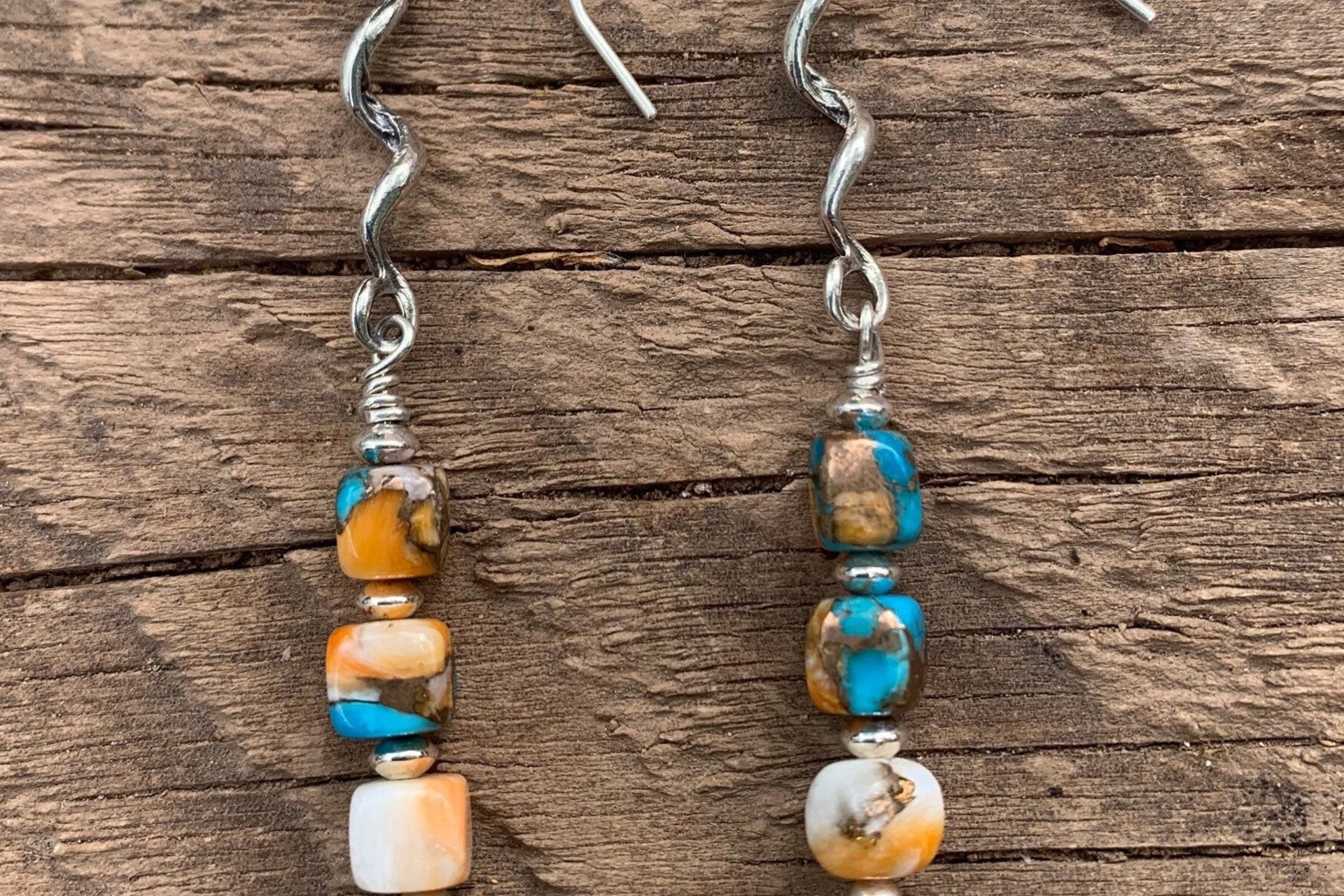 Kingman Turquoise, Spiny Oyster Shell, Bronze and Sterling Silver Southwestern Earrings