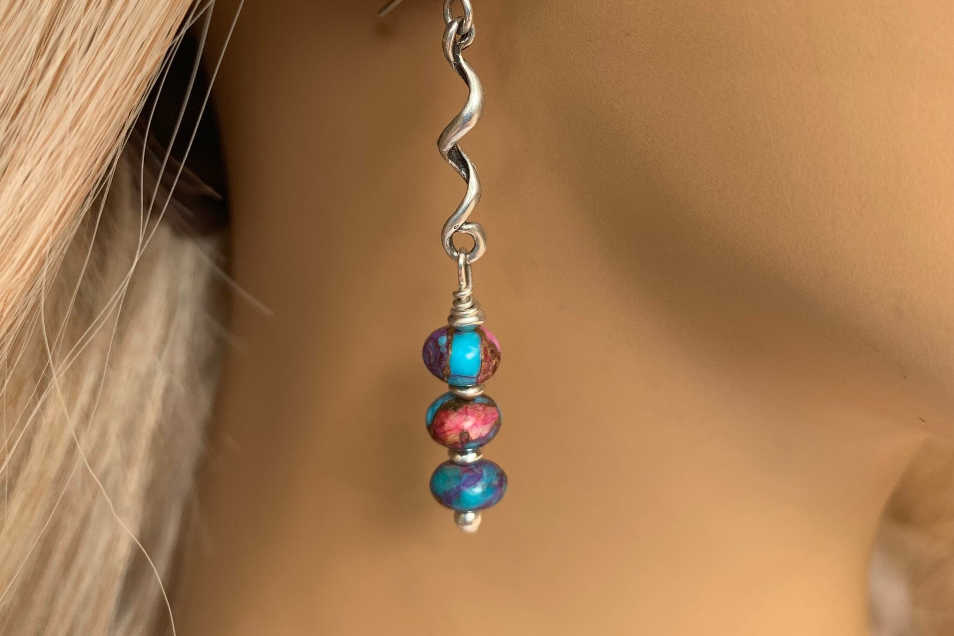 Purple Dahlia Kingman Turquoise, Purple Spiny Oyster Shell, Bronze and Sterling Silver Earrings