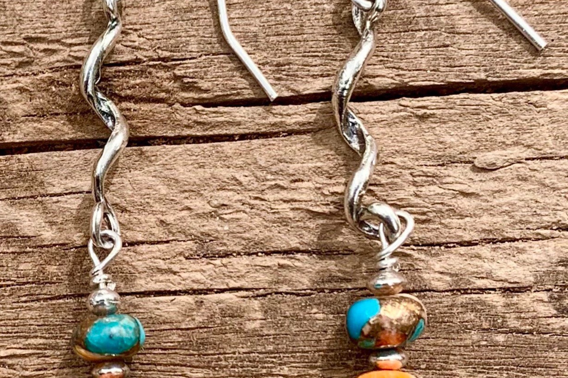 Kingman Turquoise, Spiny Oyster Shell, Bronze and Sterling Silver Southwestern Earrings