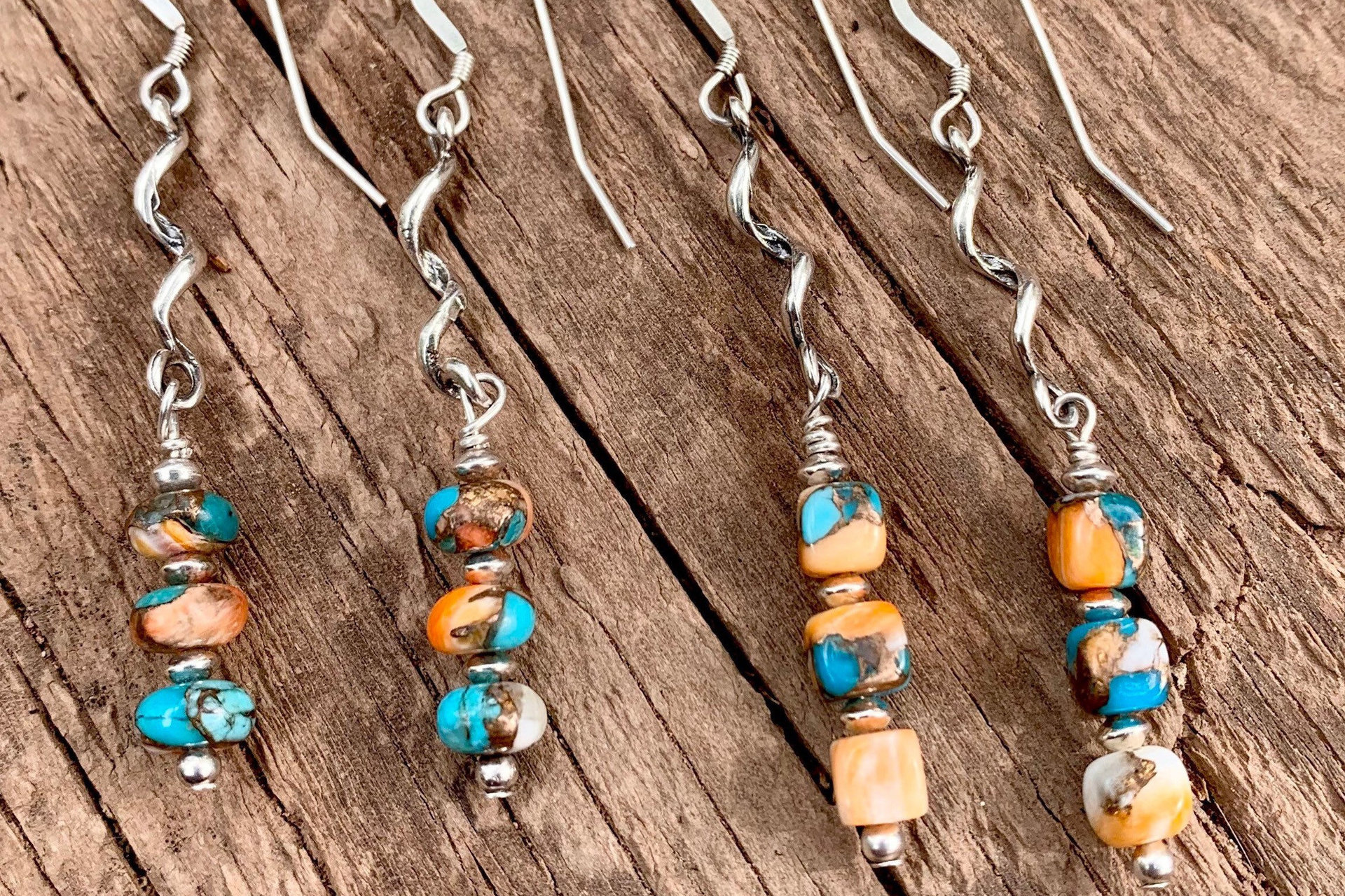 Kingman Turquoise, Spiny Oyster Shell, Bronze and Sterling Silver Southwestern Earrings