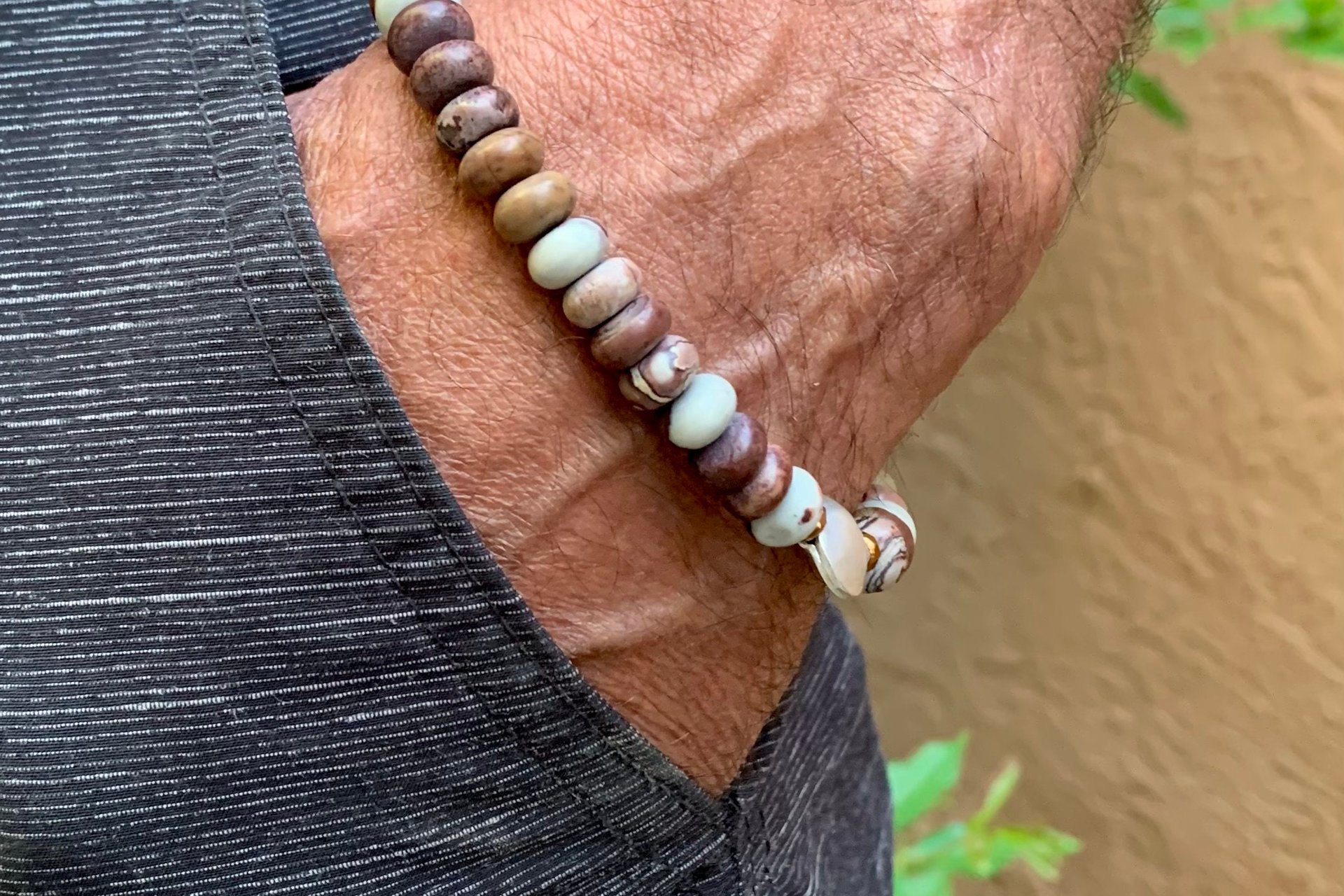 Crazy Horse Stone Rondelle Bracelet, Earth Tone Jewelry, Sterling and Hill Tribe Fine Silver Bracelet