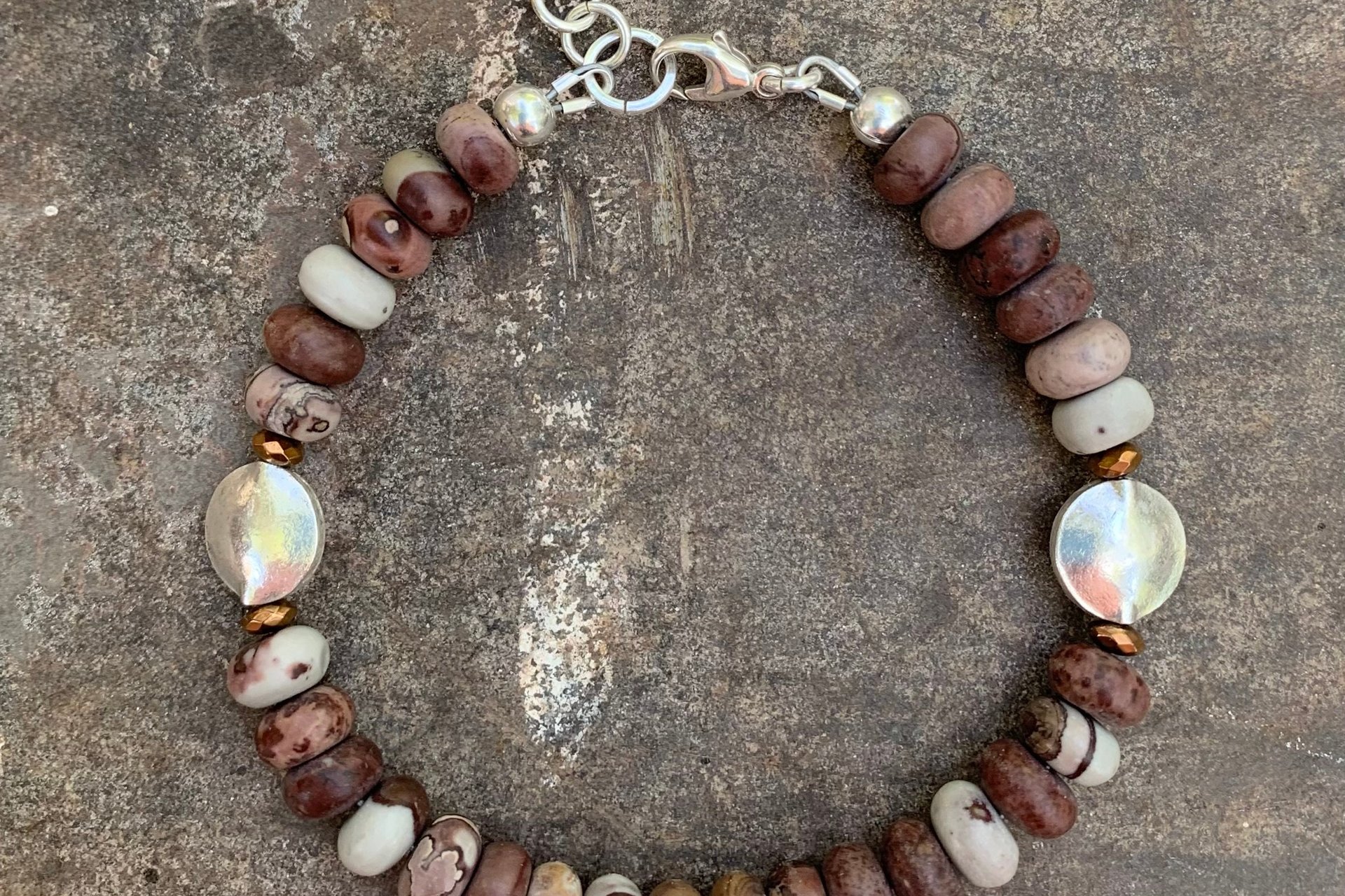 Crazy Horse Stone Rondelle Bracelet, Earth Tone Jewelry, Sterling and Hill Tribe Fine Silver Bracelet