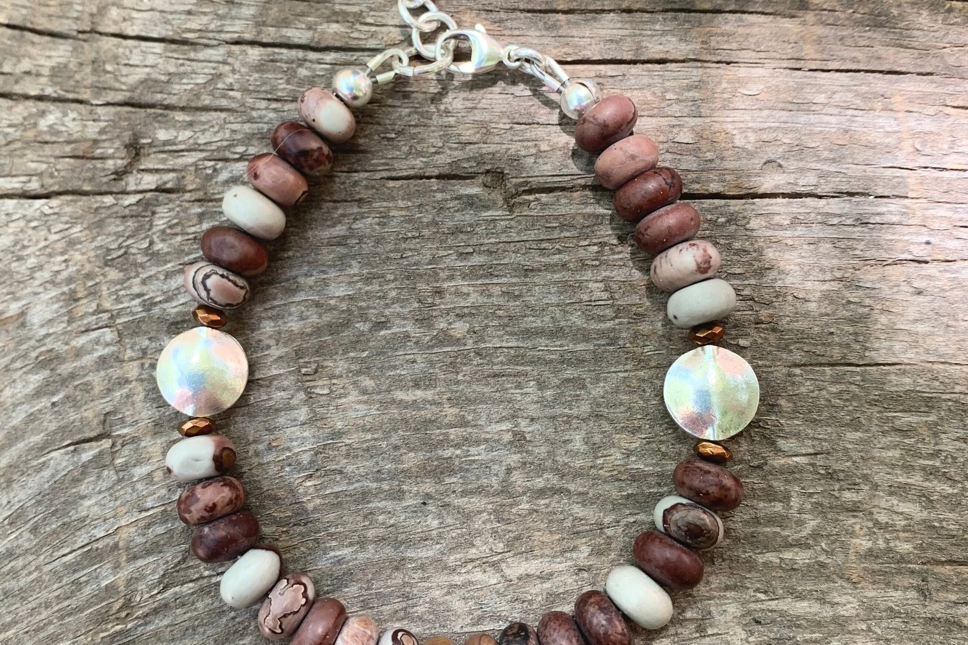 Crazy Horse Stone Rondelle Bracelet, Earth Tone Jewelry, Sterling and Hill Tribe Fine Silver Bracelet