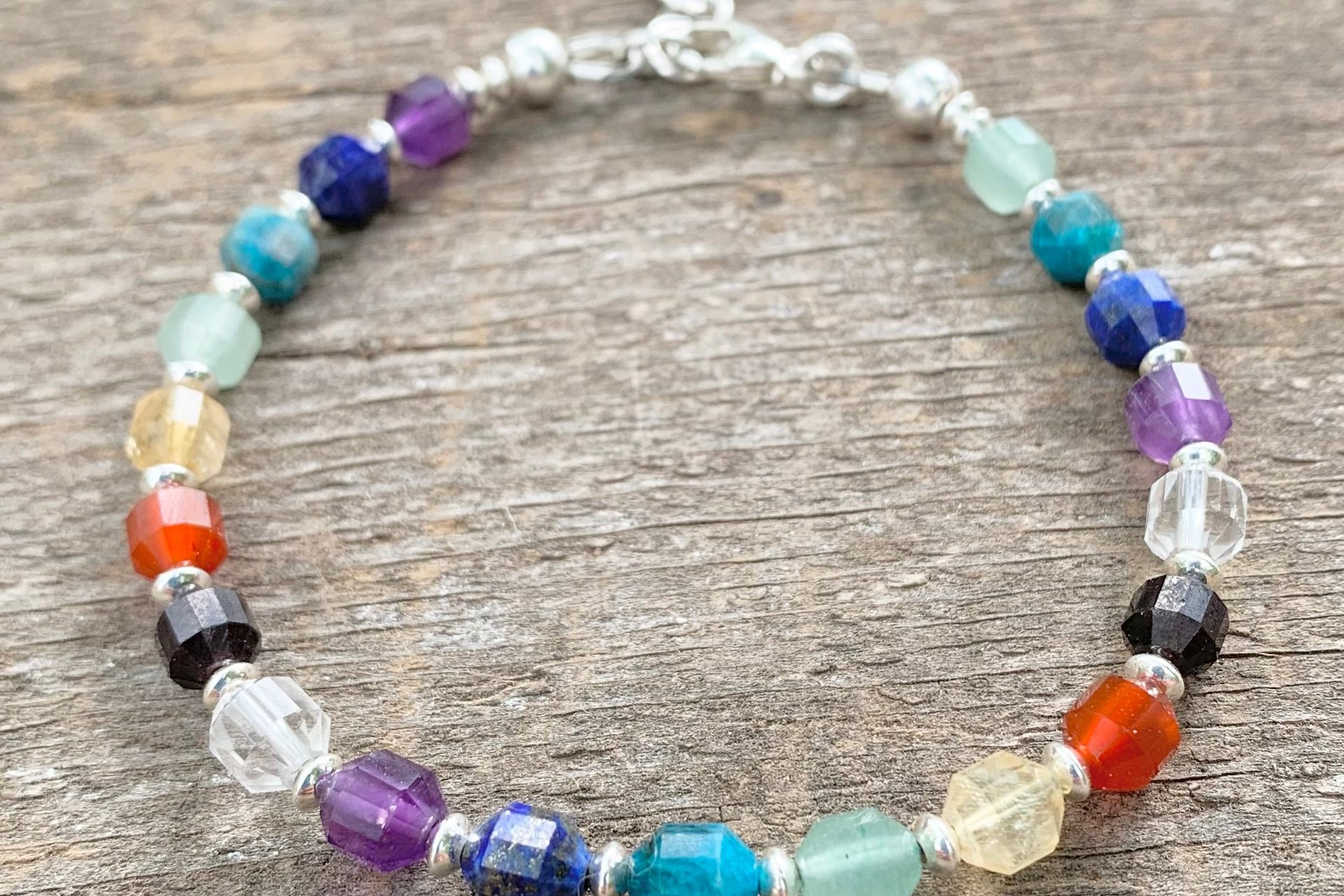 Multicolored Gemstone Energy Bracelet, Chakra Gemstones, Faceted Energy Prism Bracelet, Sterling Silver Bracelet