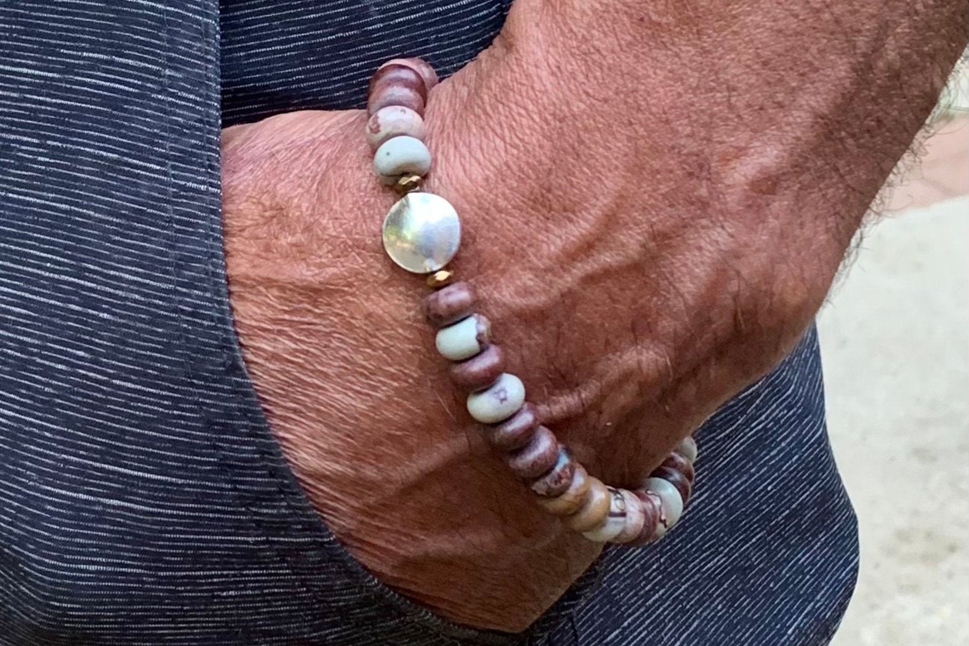 Crazy Horse Stone Rondelle Bracelet, Earth Tone Jewelry, Sterling and Hill Tribe Fine Silver Bracelet
