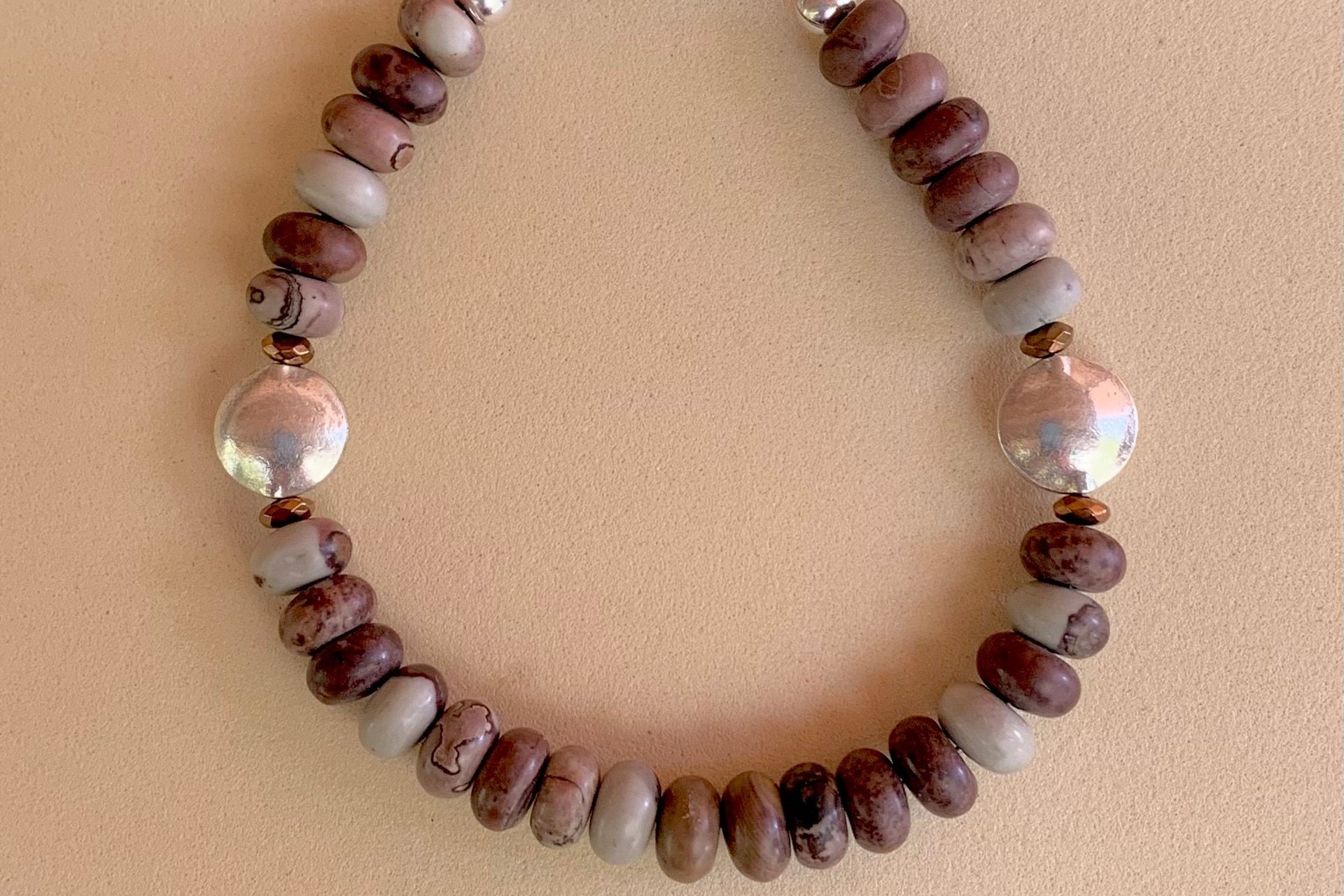 Crazy Horse Stone Rondelle Bracelet, Earth Tone Jewelry, Sterling and Hill Tribe Fine Silver Bracelet