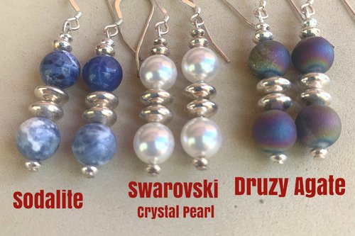 Gemstone Earrings, Sterling Silver Earrings, Sodalite Earrings, White Crystal Pearl Earrings, Druzy Agate Earrings