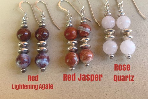 Gemstone Earrings, Sterling Silver Earrings, Red Lightening Agate, Red Jasper, Rose Quartz Earrings
