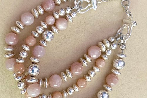 Moonstone Bracelet, Sterling Silver Bracelet, Pink Flake Moonstone Bracelet, Gemstone Bracelet, Multistrand Bracelet,