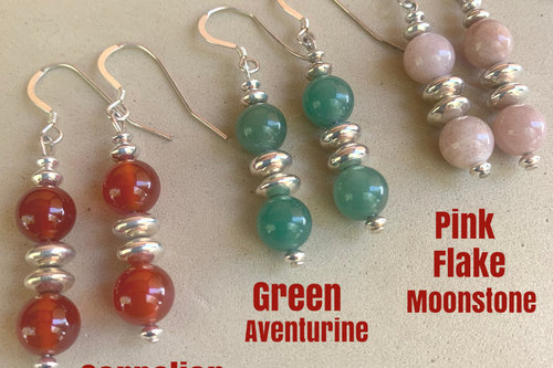 Gemstone Earrings, Sterling Silver Earrings, Carnelian Earrings, Green Aventurine Earrings, Pink Flake Moonstone Earrings