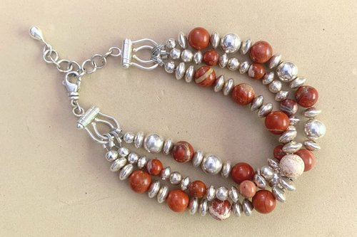Jasper Bracelet, Sterling Silver Bracelet, Gemstone Bracelet, Multistrand, Adjustable Bracelet