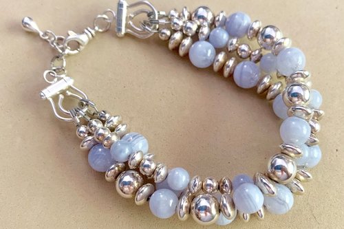Blue Lace Agate Bracelet, Sterling Silver Bracelet, Gemstone Bracelet, Multistrand, Adjustable Bracelet