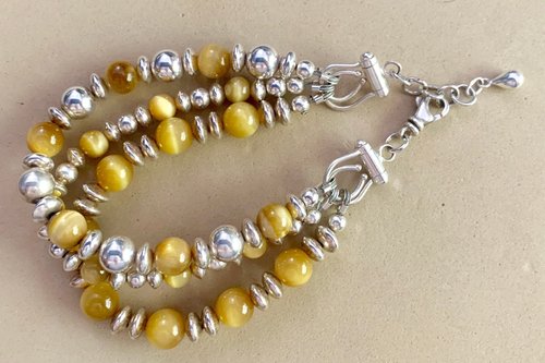 Tiger Eye Bracelet, Sterling Silver Bracelet, Honey Tiger Eye Bracelet, Gemstone Bracelet, Multistrand  Bracelet.