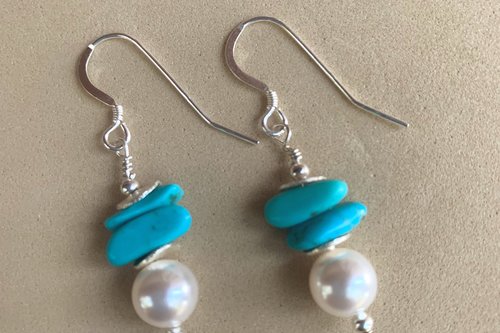 Turquoise and Crystal Pearl Earrings, Crystal Pearl Earrings, Turquoise Earrings, Sterling Silver Earrings