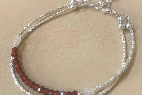 Garnet Bracelet, Gemstone Bracelet, Multistrand Bracelet, Hill Tribe Fine Silver Bracelet, Rainbow Moonstone Bracelet, Valentine Gift