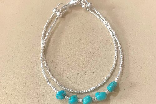 Turquoise Bracelet, Multi-strand, Sterling and Hill Tribe Fine Silver Bracelet, Turquoise Nugget Bracelet, Adjustable bracelet