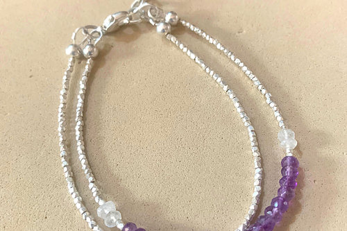 Amethyst and Moonstone Bracelet, Multi-strand, Gemstone Bracelet, Hill Tribe Fine Silver Bracelet, Adjustable Bracelet